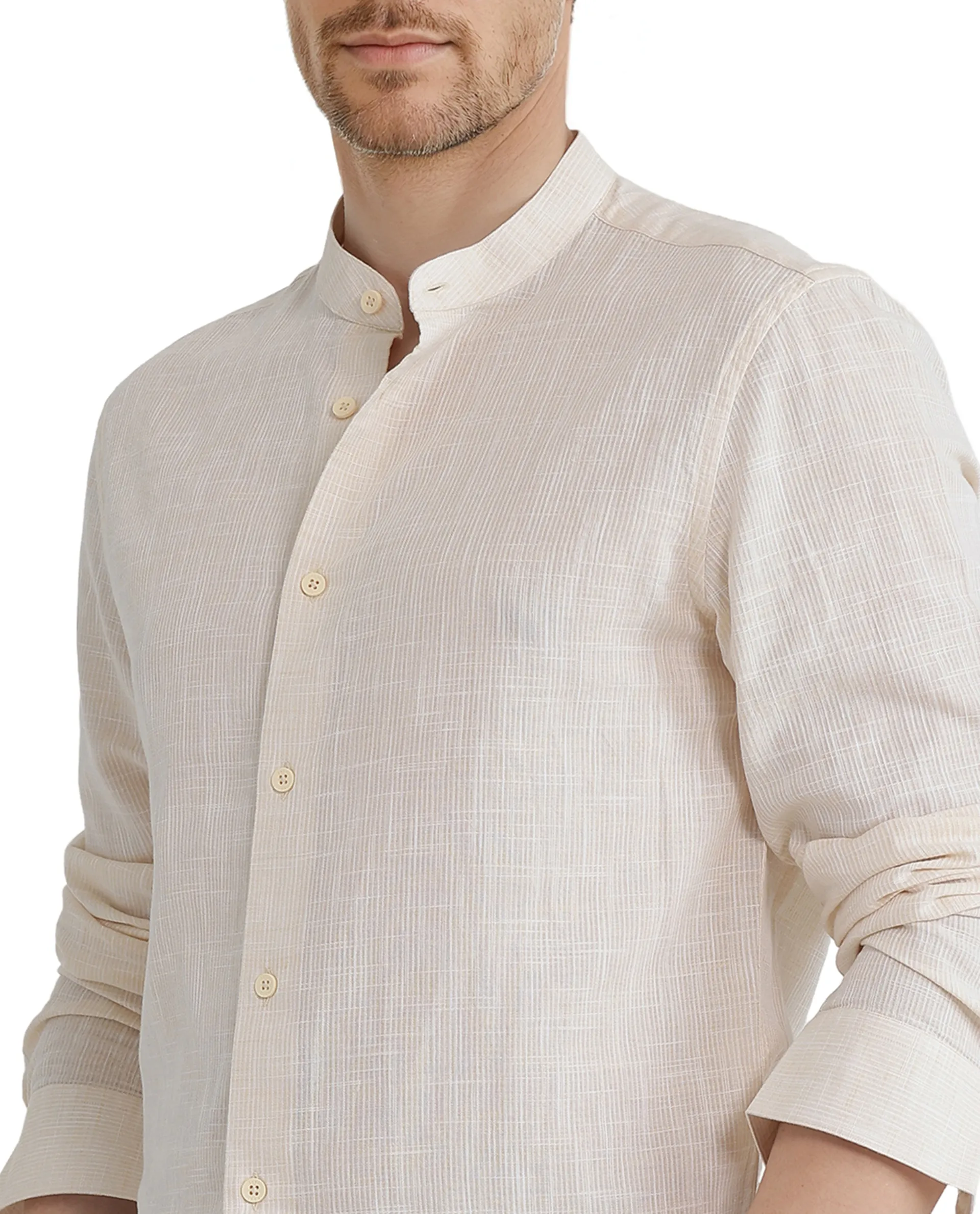 Rare Rabbit Men's Gic Light Yellow Cotton Plain Regular Fit Full Sleeve Mandarin Collar Shirt - Image 3