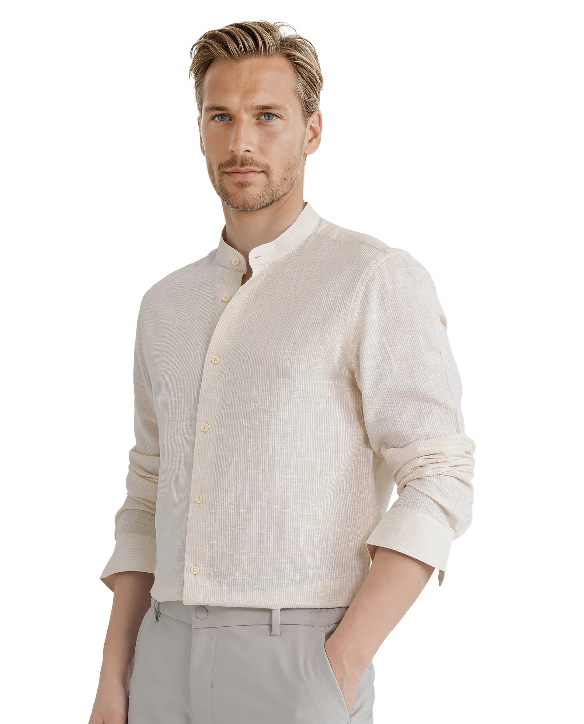Rare Rabbit Men's Gic Light Yellow Cotton Plain Regular Fit Full Sleeve Mandarin Collar Shirt - Image 4