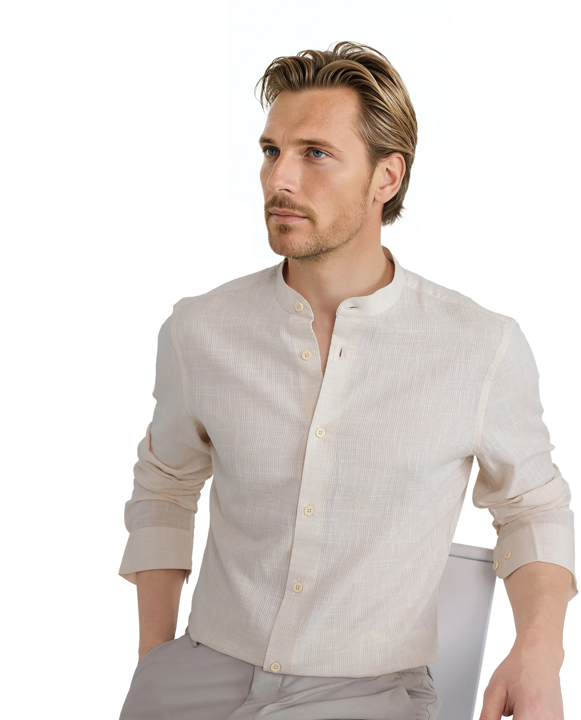 Rare Rabbit Men's Gic Light Yellow Cotton Plain Regular Fit Full Sleeve Mandarin Collar Shirt - Image 7