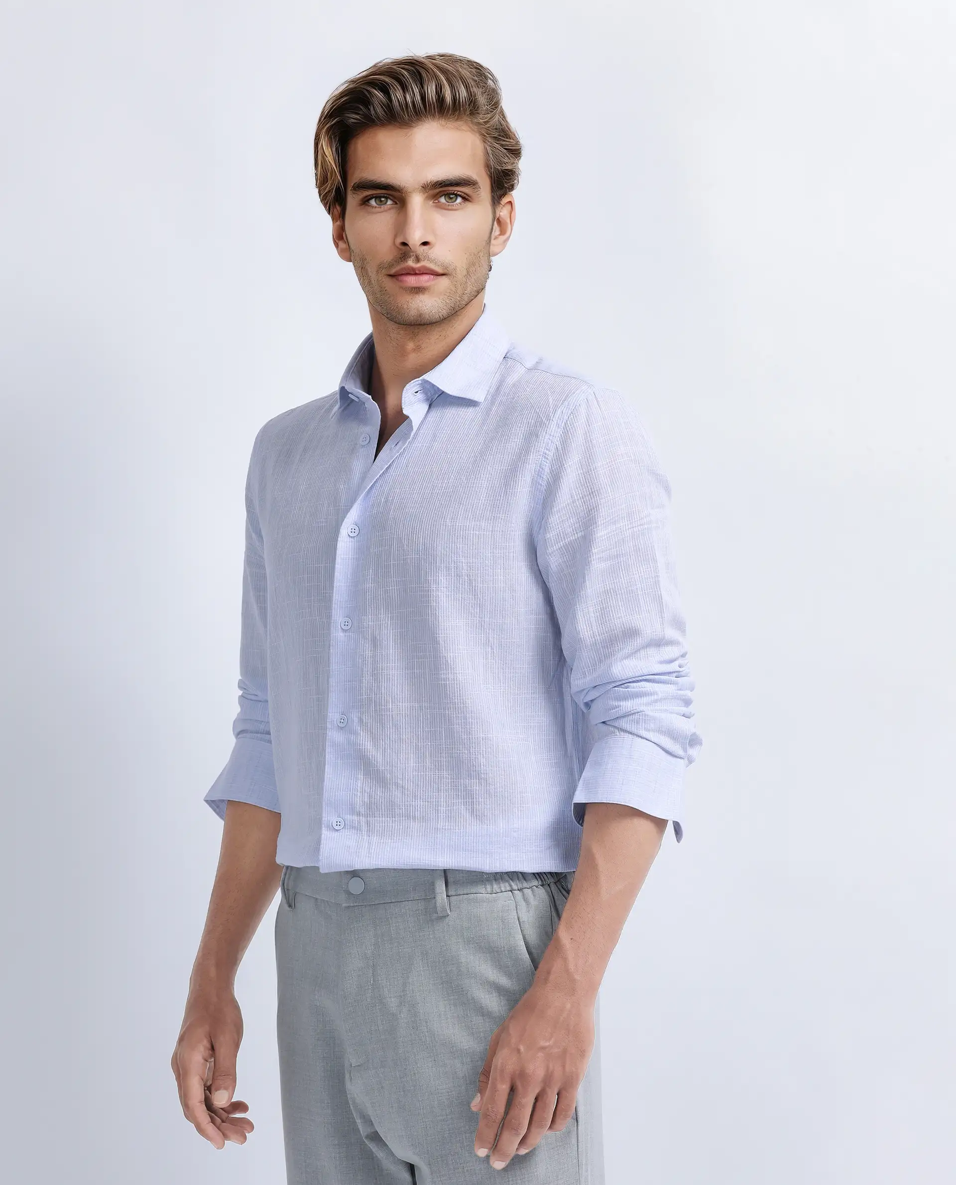 Rare Rabbit Men's Gico Pastel Blue Cotton Plain Regular Fit Full Sleeve Collared Shirt - Image 5