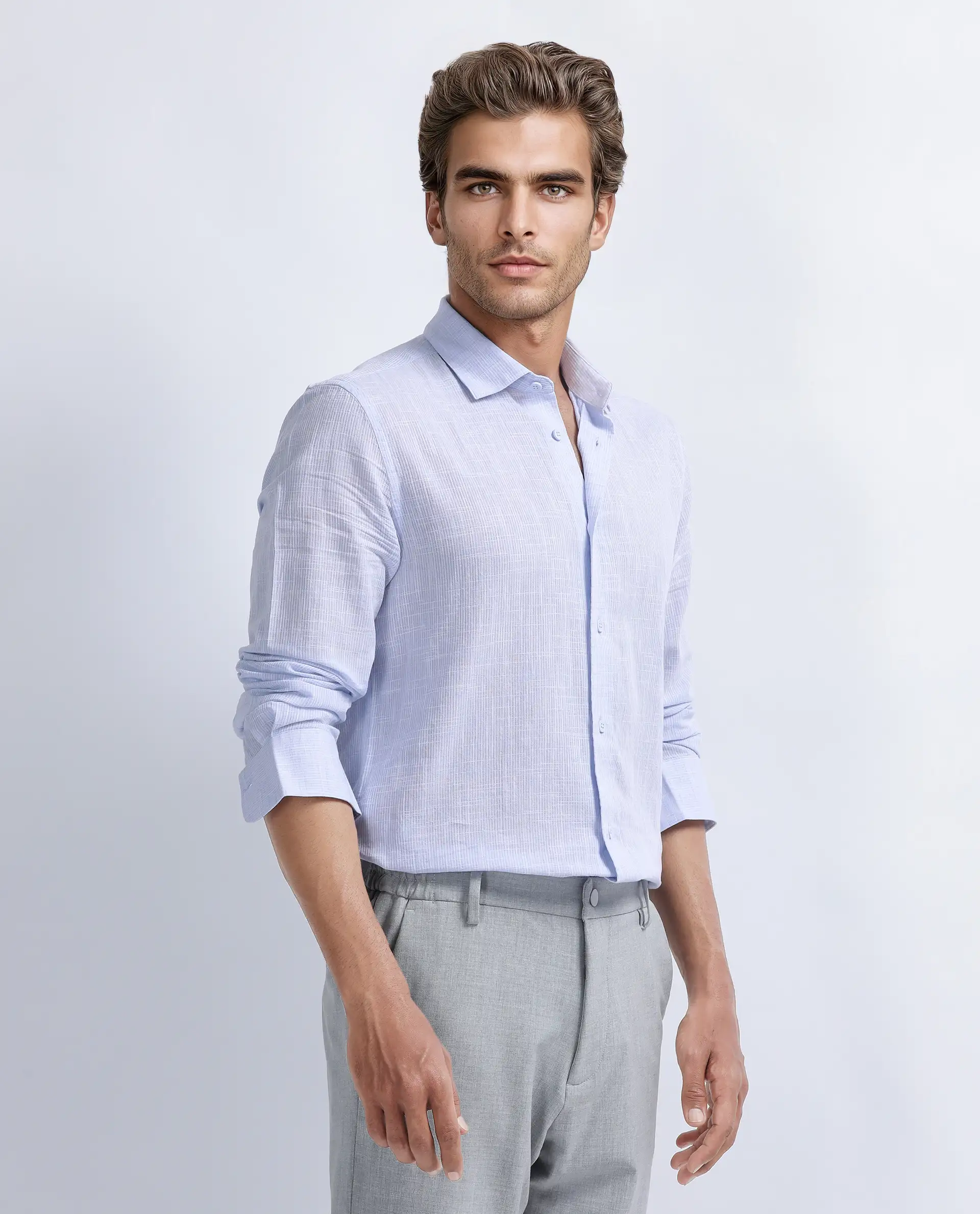 Rare Rabbit Men's Gico Pastel Blue Cotton Plain Regular Fit Full Sleeve Collared Shirt - Image 6