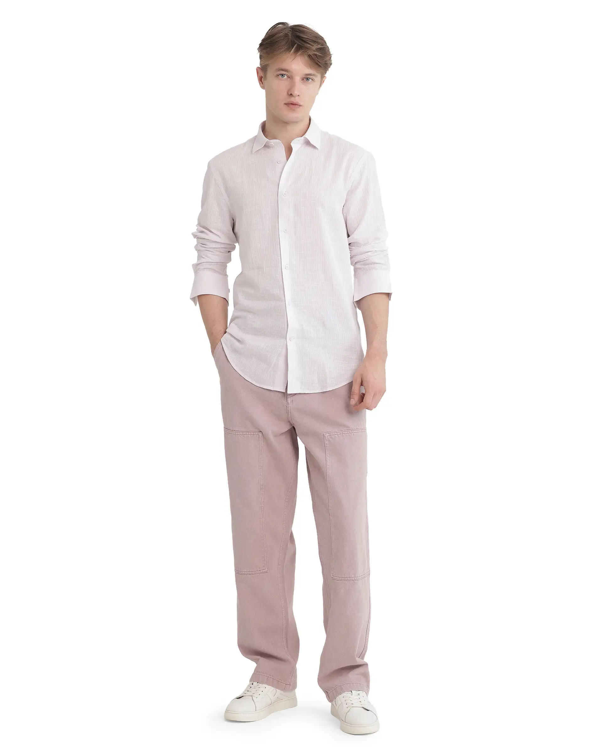 Rare Rabbit Men's Gico Pastel Pink Cotton Plain Regular Fit Full Sleeve Collared Shirt - Image 2