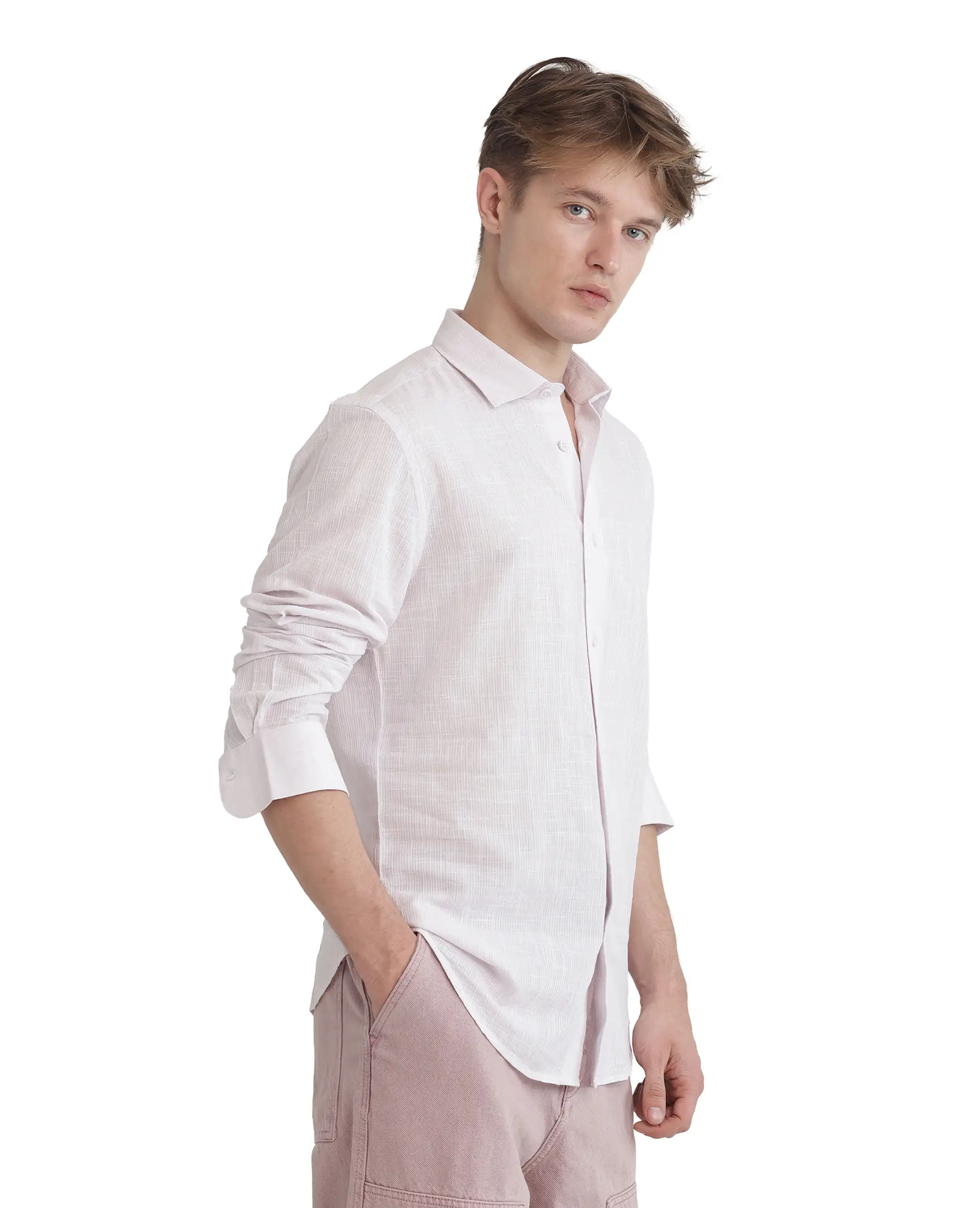 Rare Rabbit Men's Gico Pastel Pink Cotton Plain Regular Fit Full Sleeve Collared Shirt - Image 5