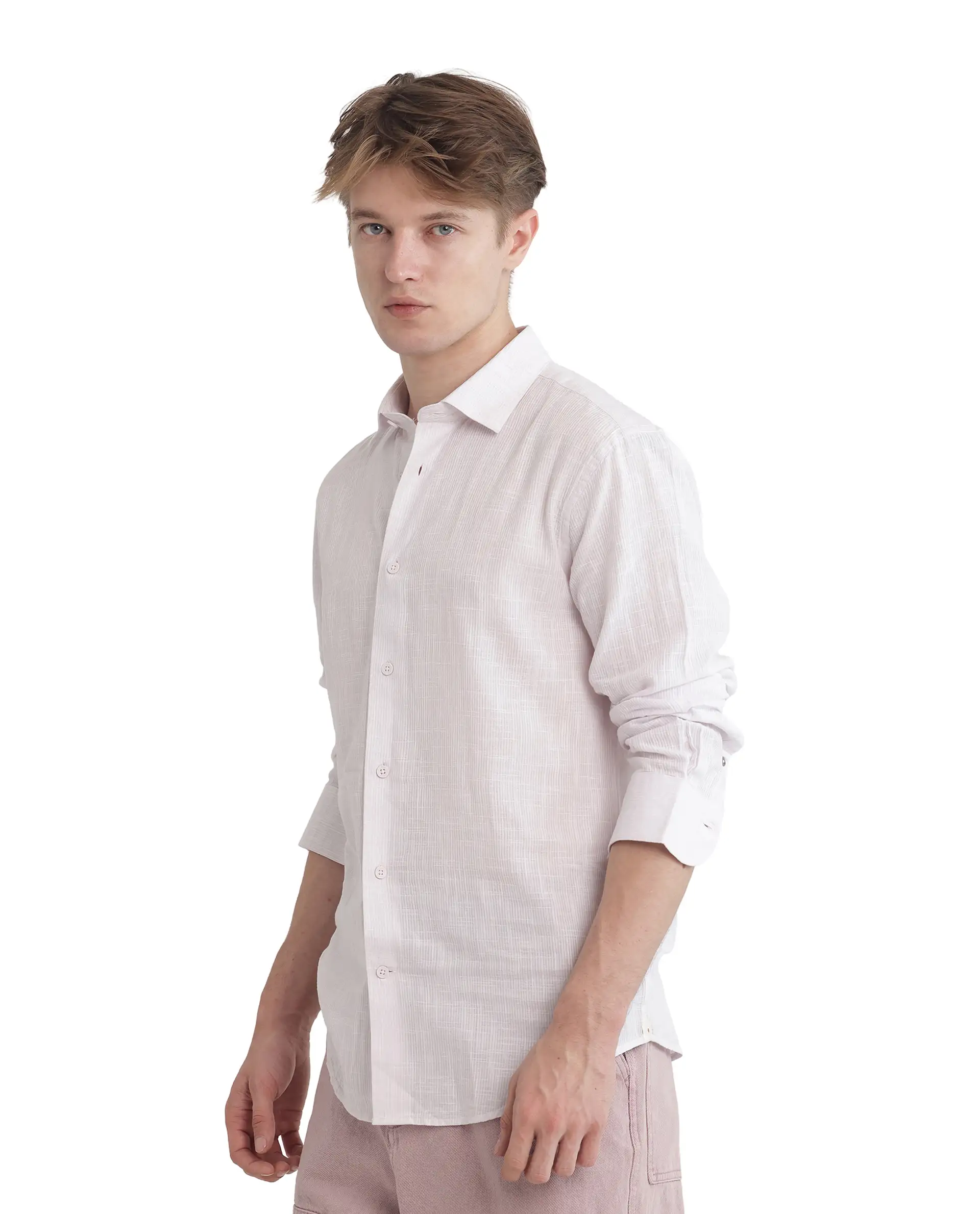 Rare Rabbit Men's Gico Pastel Pink Cotton Plain Regular Fit Full Sleeve Collared Shirt - Image 6