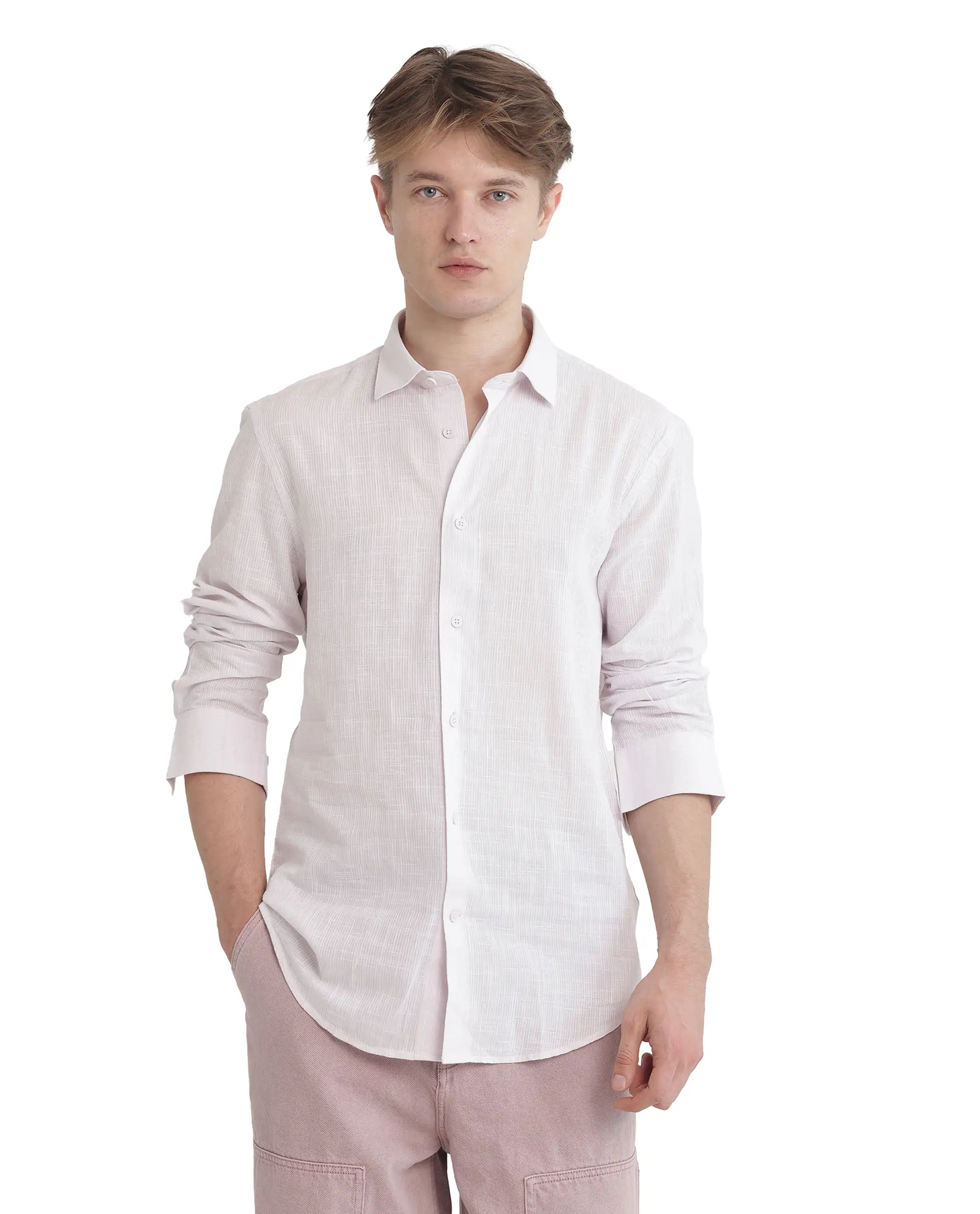 Rare Rabbit Men's Gico Pastel Pink Cotton Plain Regular Fit Full Sleeve Collared Shirt - Image 7