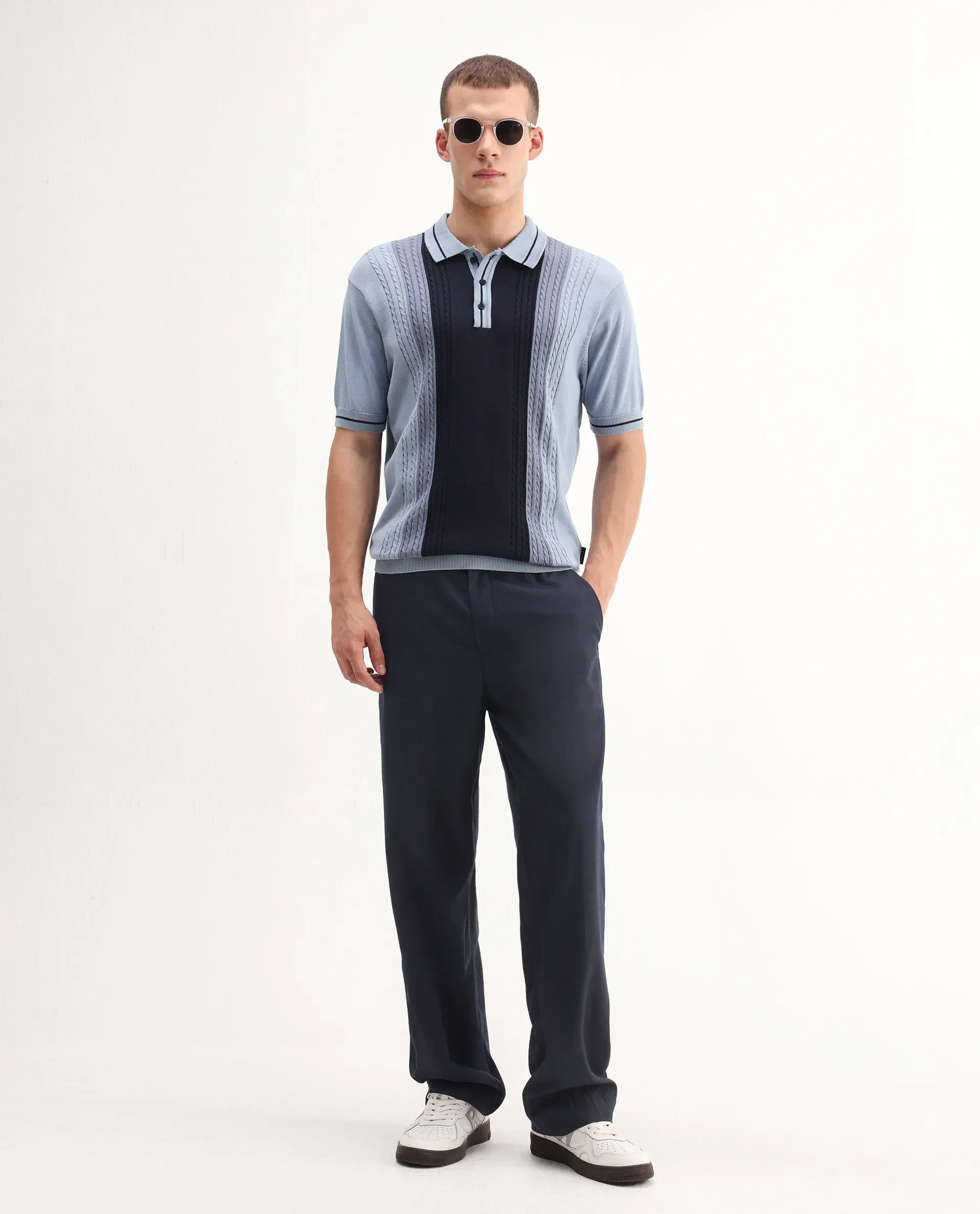 Rare Rabbit Men's Giff Dusky Blue Cotton Textured Regular Fit Half Sleeve Polo - Image 2