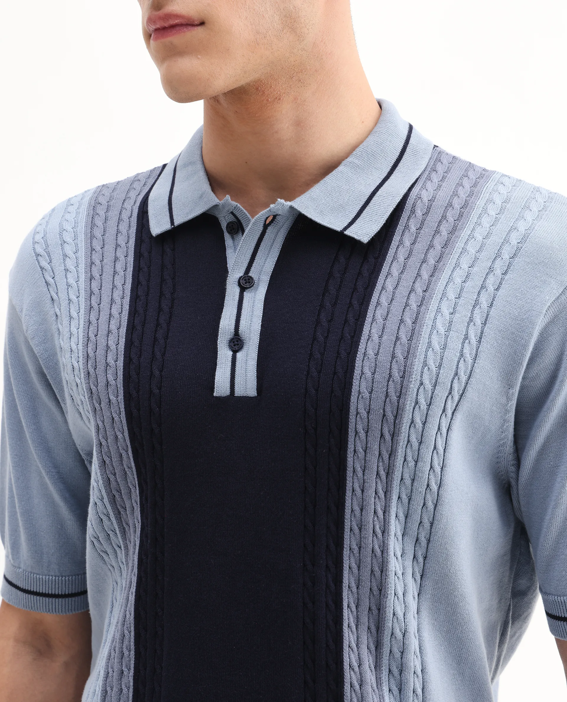 Rare Rabbit Men's Giff Dusky Blue Cotton Textured Regular Fit Half Sleeve Polo - Image 3