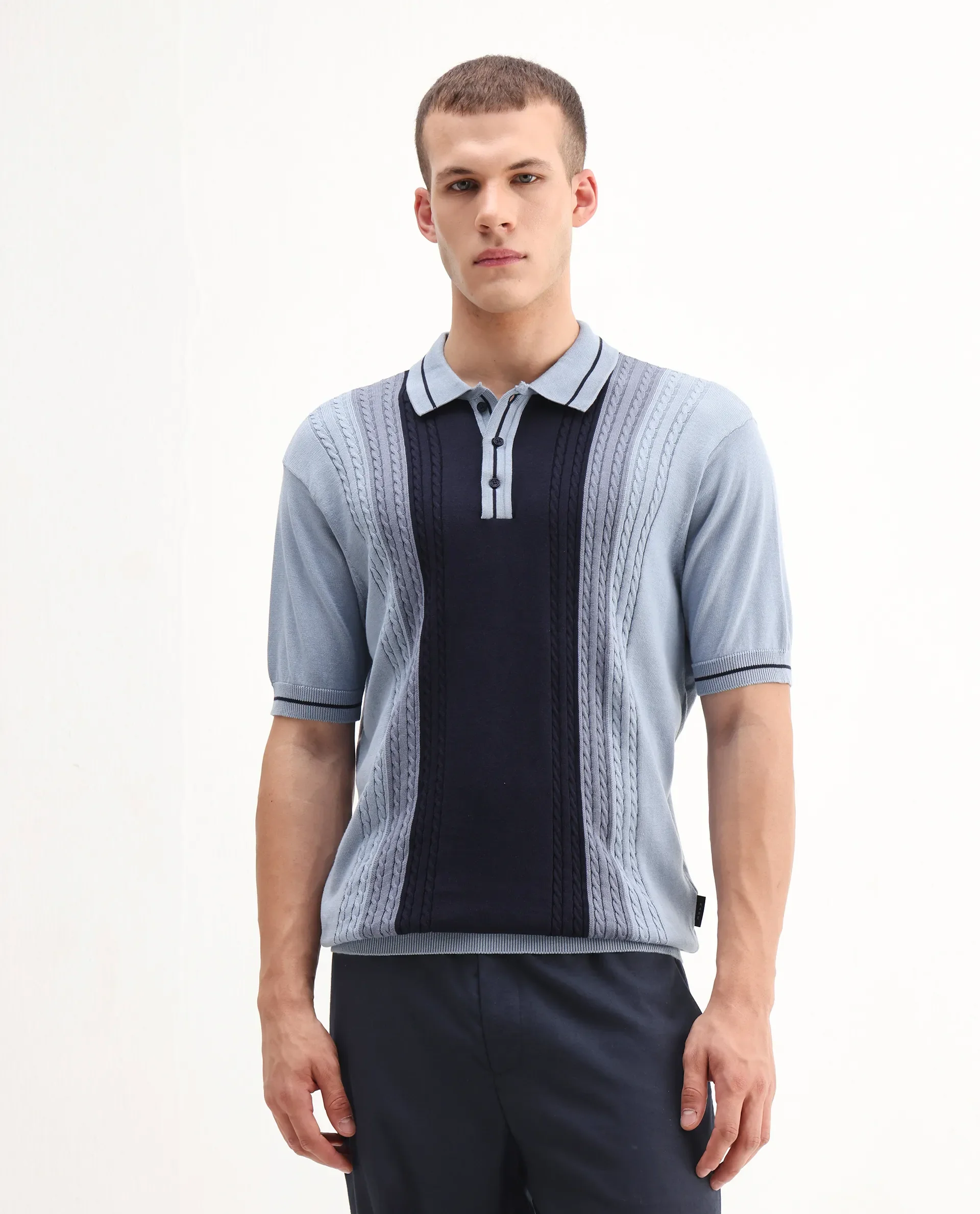 Rare Rabbit Men's Giff Dusky Blue Cotton Textured Regular Fit Half Sleeve Polo - Image 4