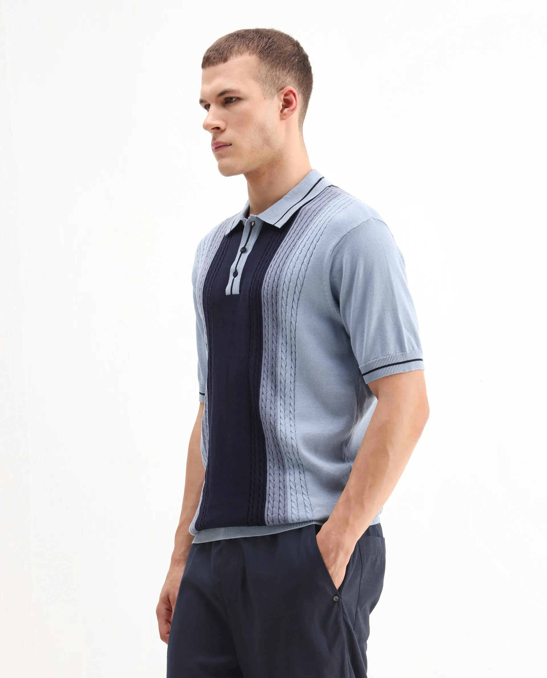 Rare Rabbit Men's Giff Dusky Blue Cotton Textured Regular Fit Half Sleeve Polo - Image 5
