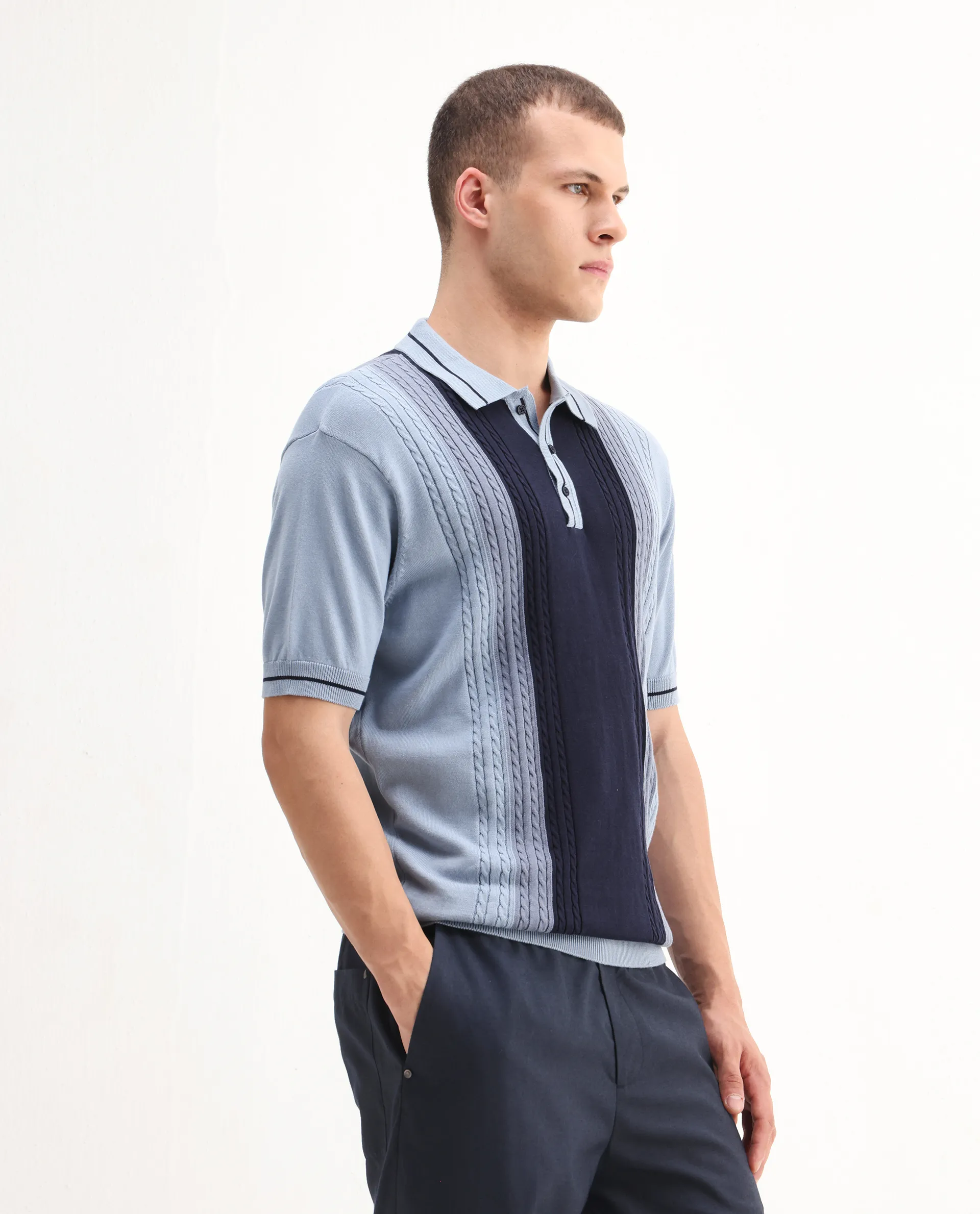 Rare Rabbit Men's Giff Dusky Blue Cotton Textured Regular Fit Half Sleeve Polo - Image 6