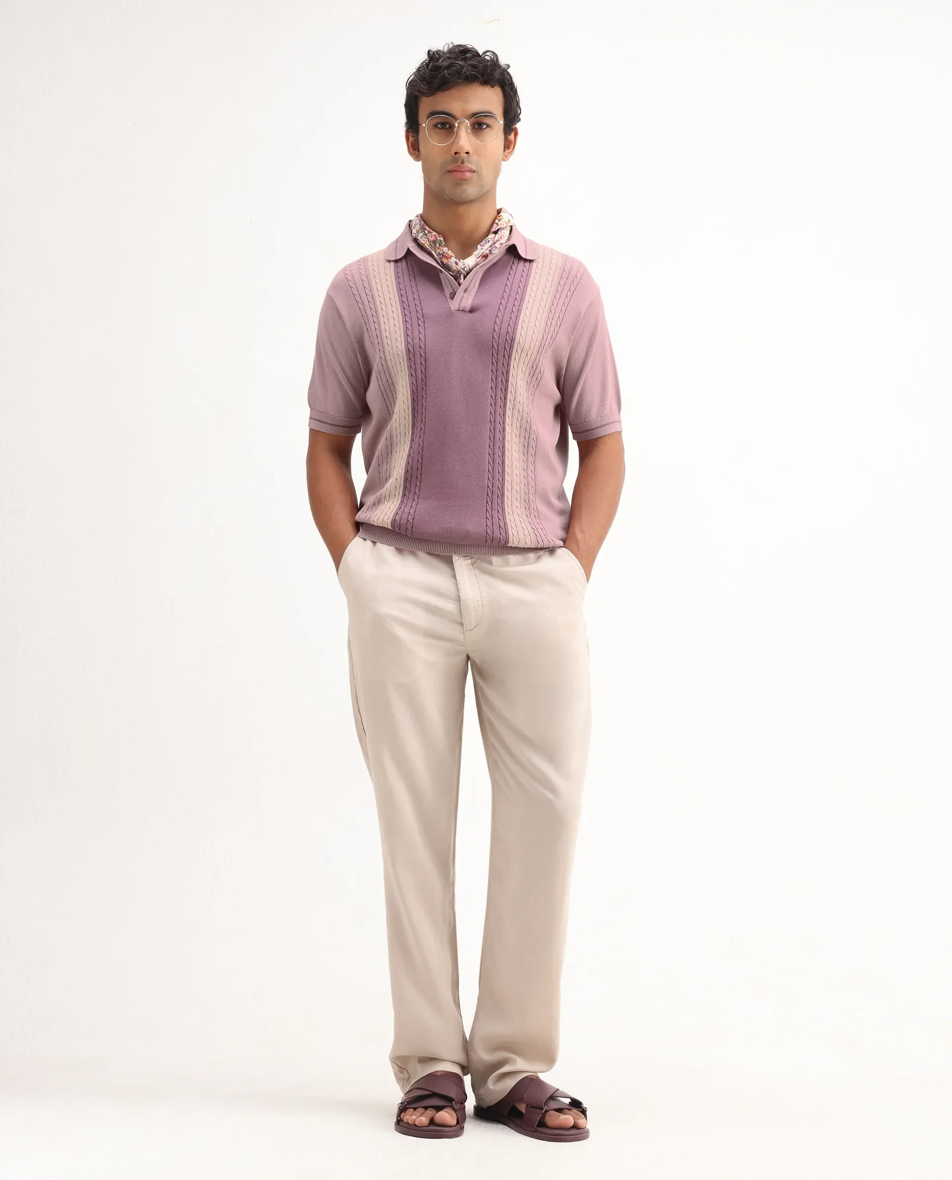 Rare Rabbit Men's Giff Dusky Pink Cotton Textured Regular Fit Half Sleeve Polo - Image 2