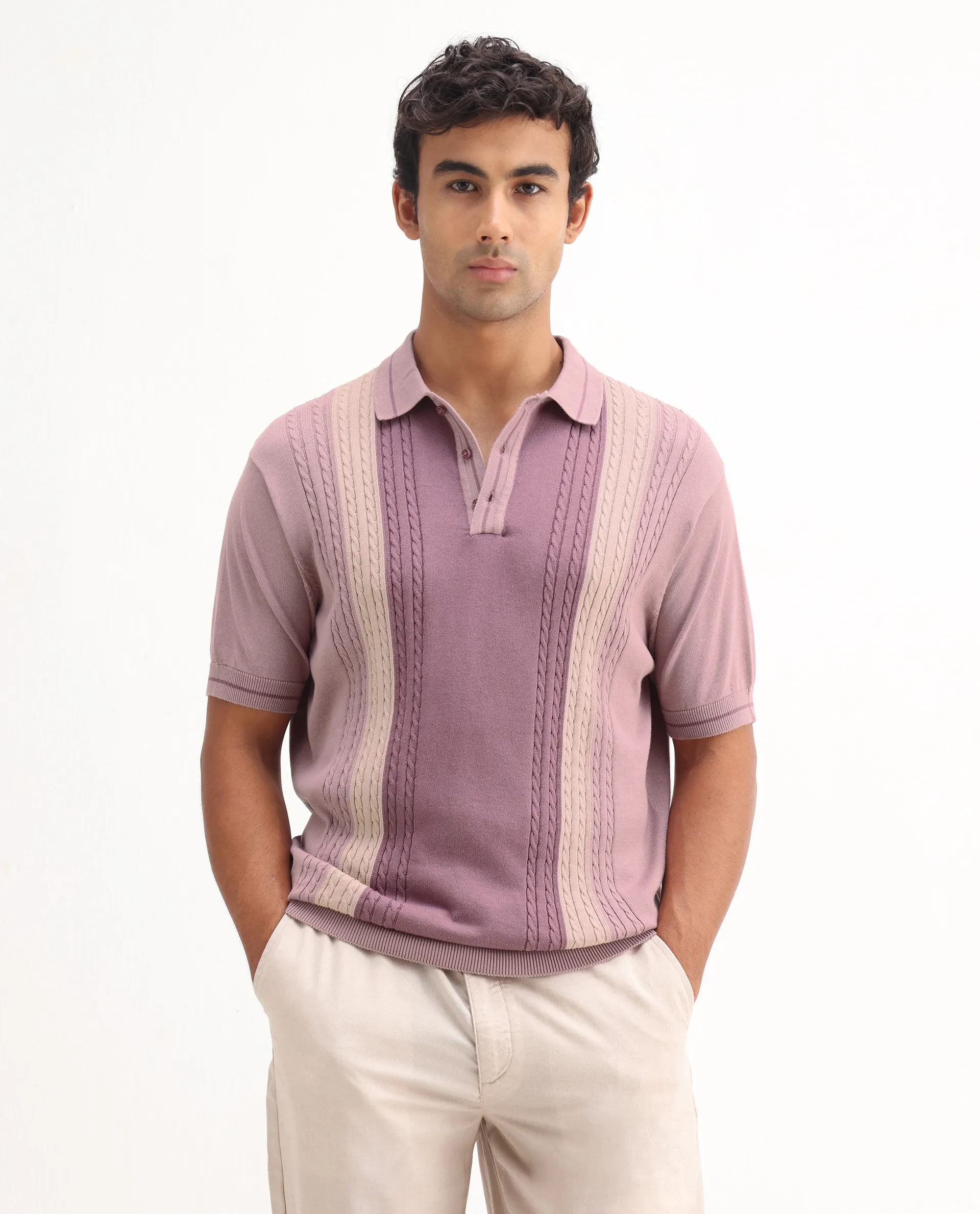 Rare Rabbit Men's Giff Dusky Pink Cotton Textured Regular Fit Half Sleeve Polo - Image 4