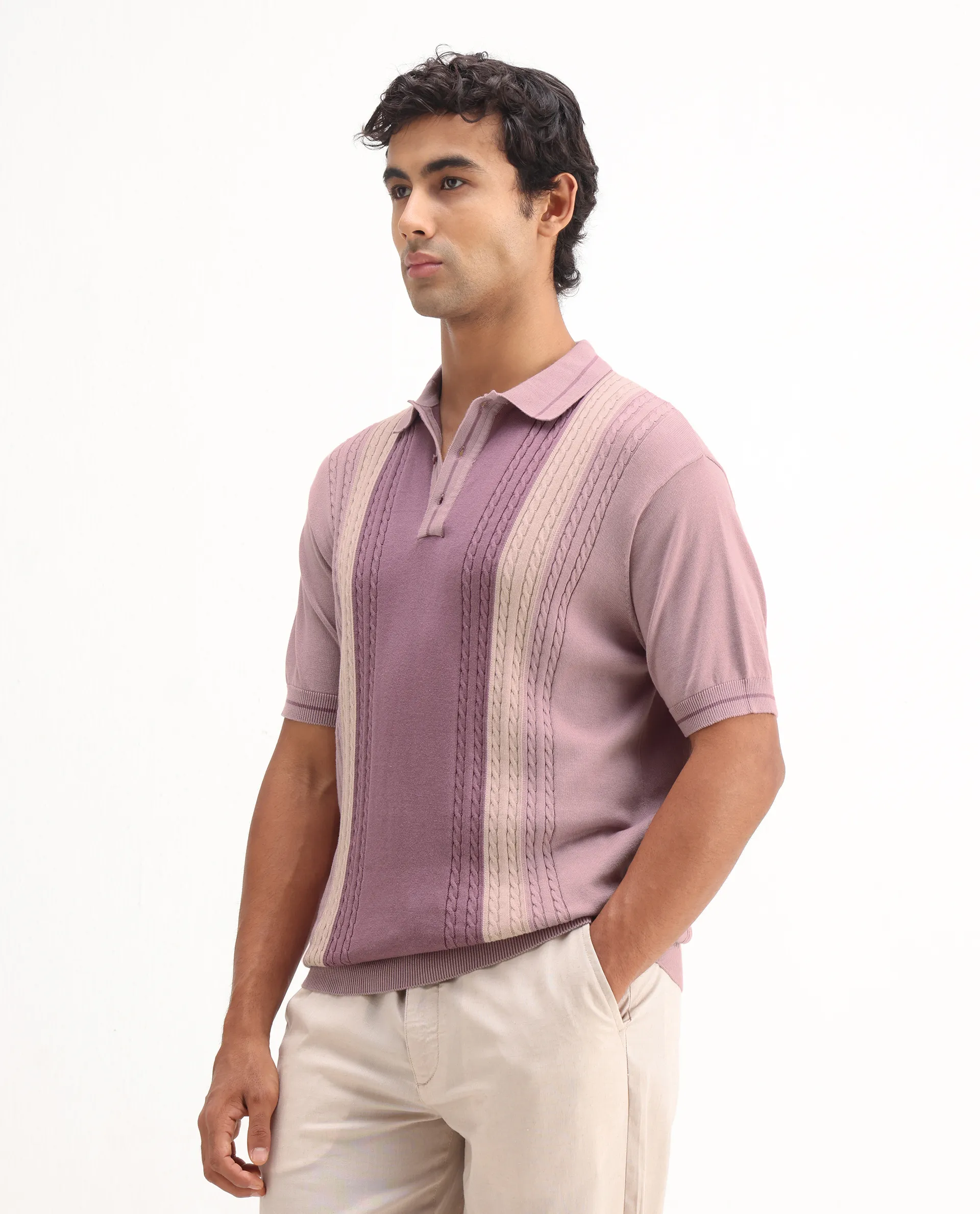 Rare Rabbit Men's Giff Dusky Pink Cotton Textured Regular Fit Half Sleeve Polo - Image 5