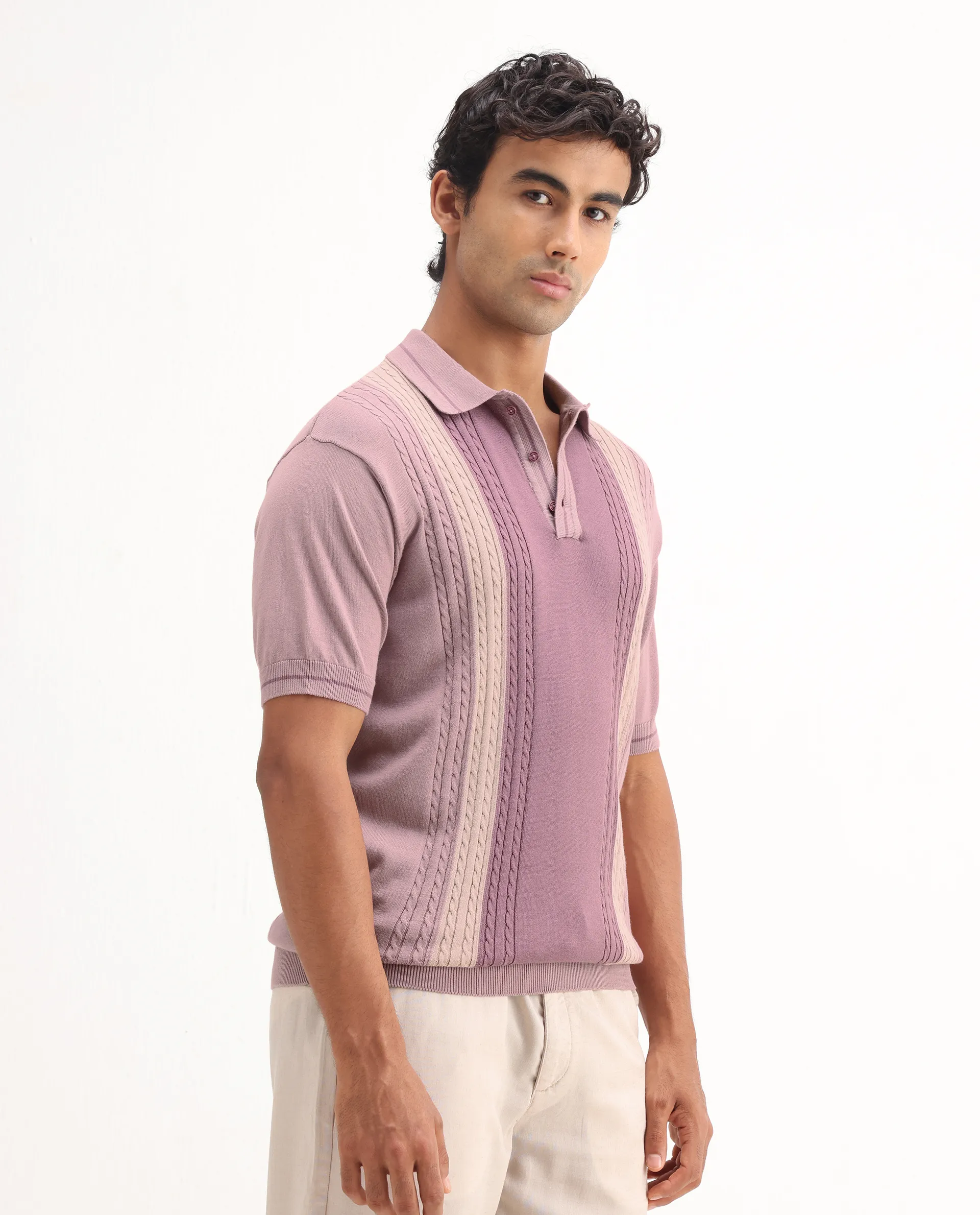 Rare Rabbit Men's Giff Dusky Pink Cotton Textured Regular Fit Half Sleeve Polo - Image 6