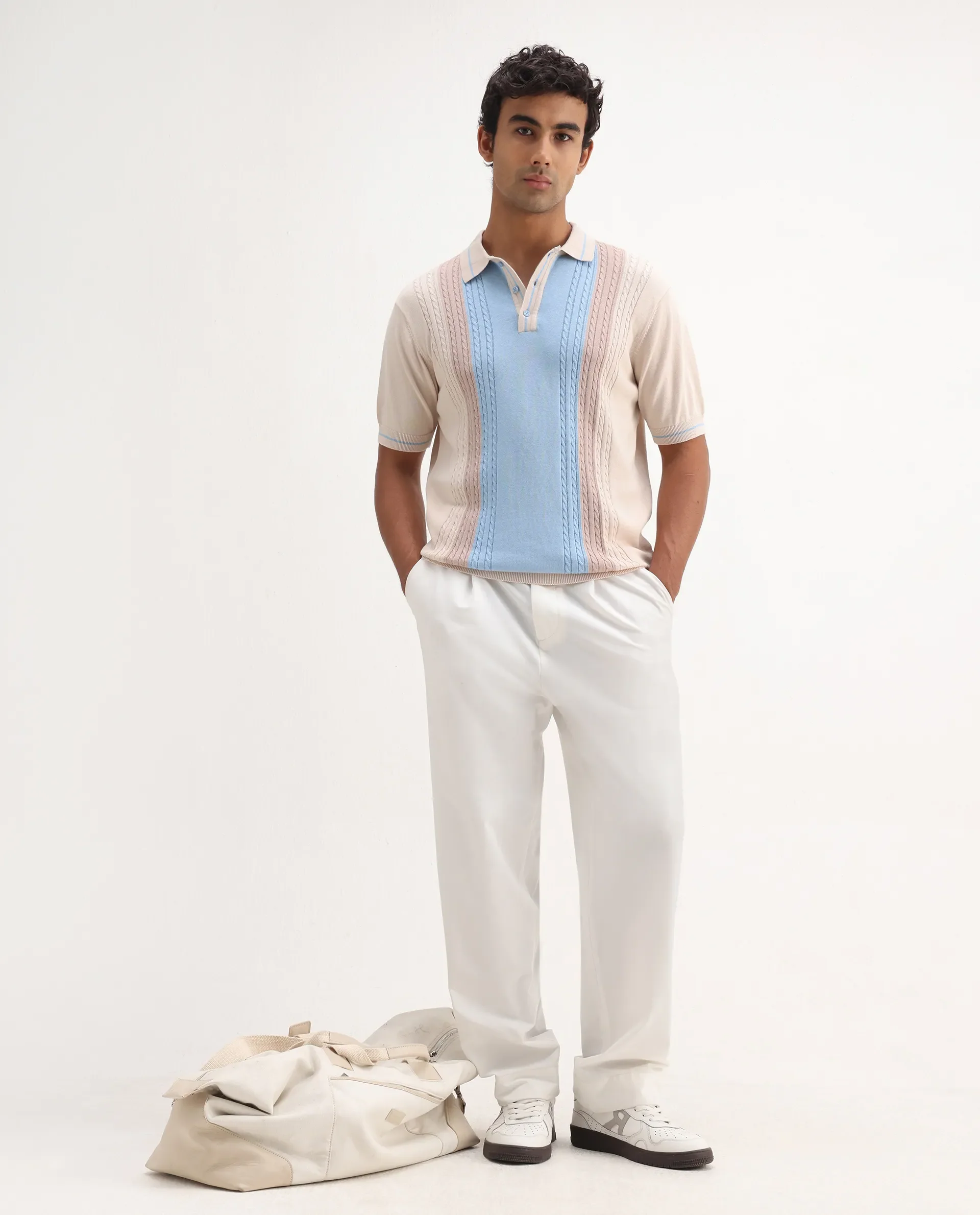 Rare Rabbit Men's Giff Light Beige Cotton Textured Regular Fit Half Sleeve Polo - Image 2