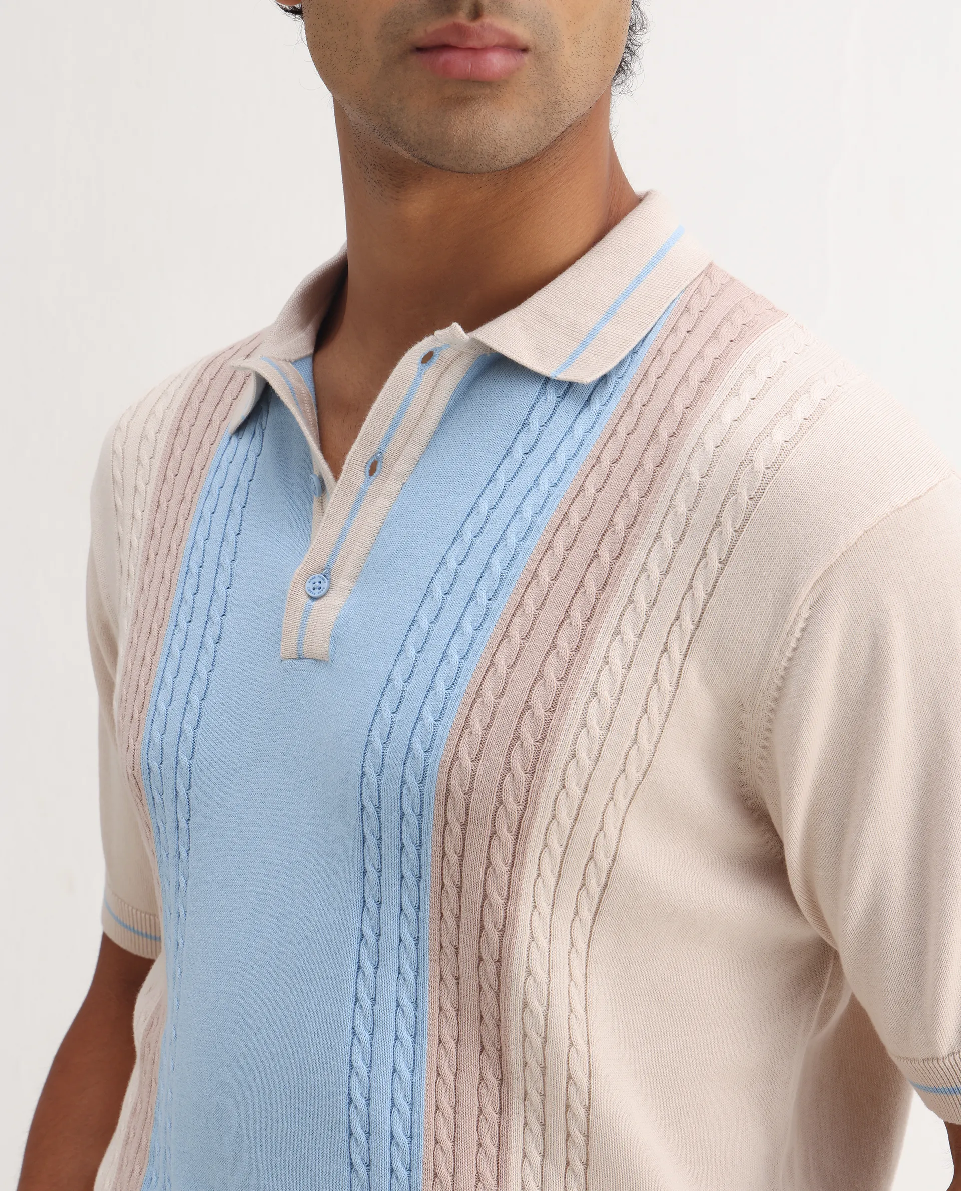 Rare Rabbit Men's Giff Light Beige Cotton Textured Regular Fit Half Sleeve Polo - Image 3