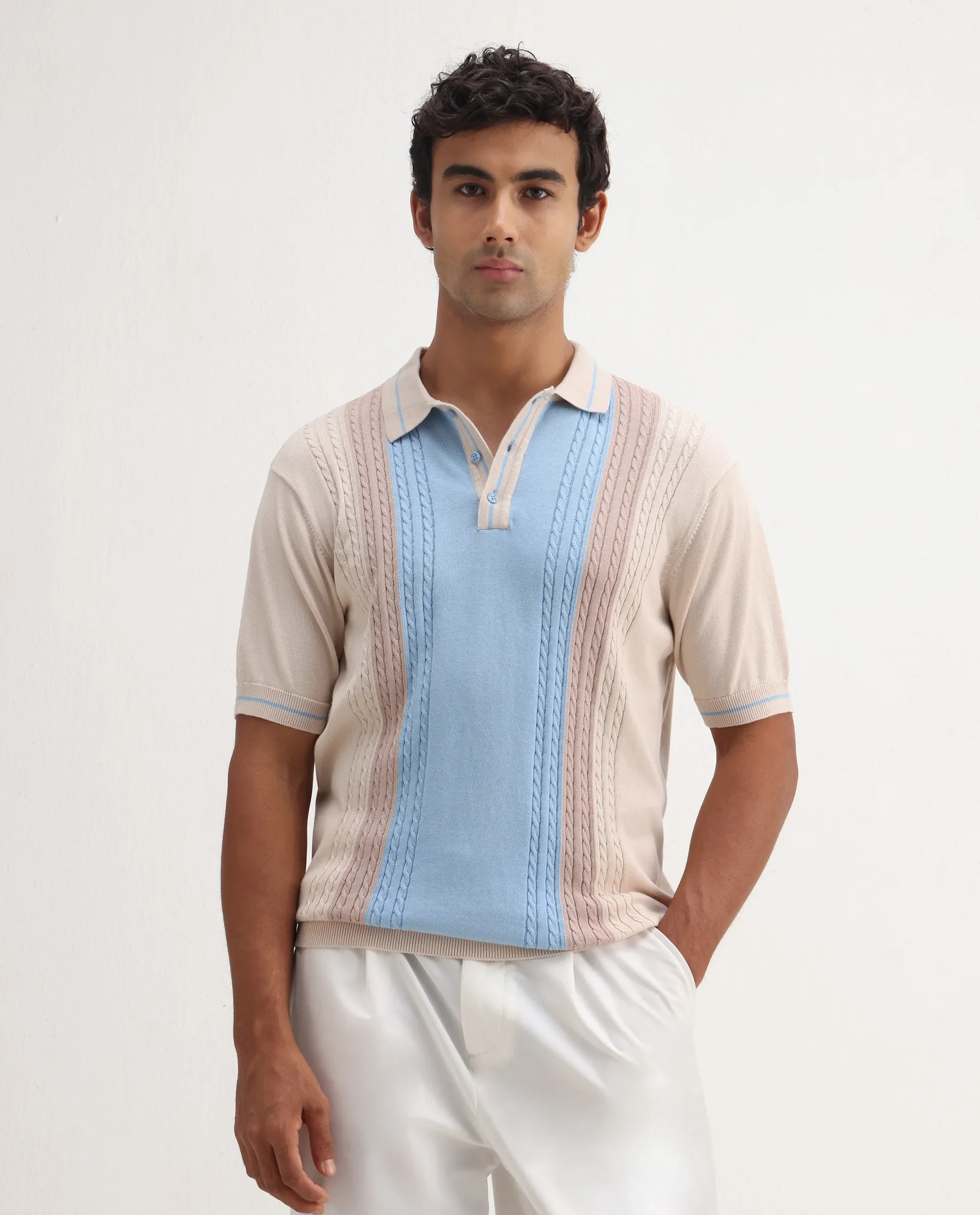 Rare Rabbit Men's Giff Light Beige Cotton Textured Regular Fit Half Sleeve Polo - Image 4