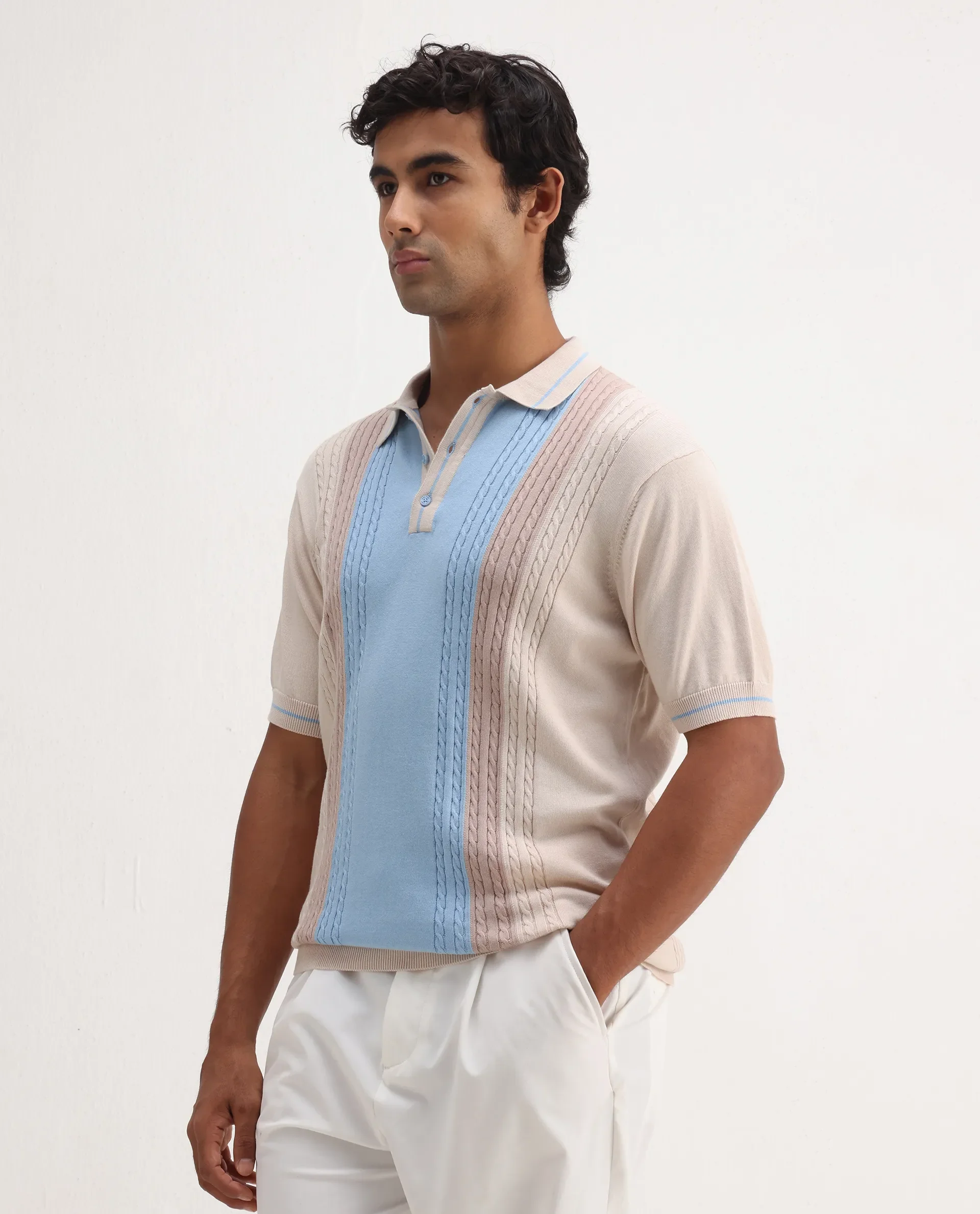 Rare Rabbit Men's Giff Light Beige Cotton Textured Regular Fit Half Sleeve Polo - Image 5