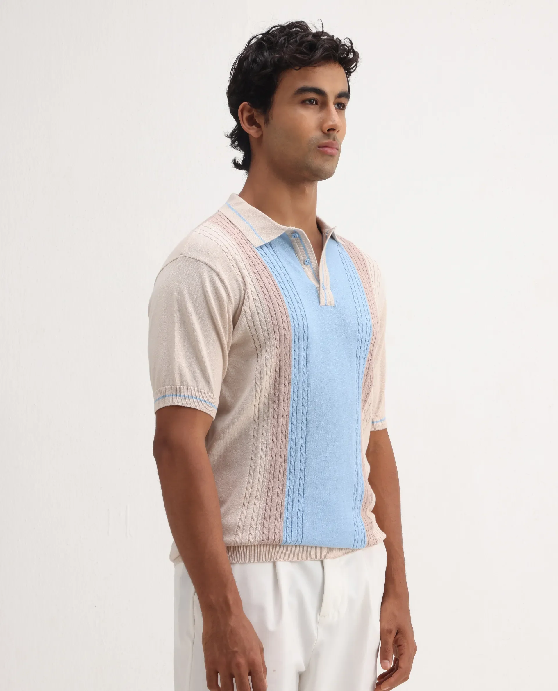 Rare Rabbit Men's Giff Light Beige Cotton Textured Regular Fit Half Sleeve Polo - Image 6