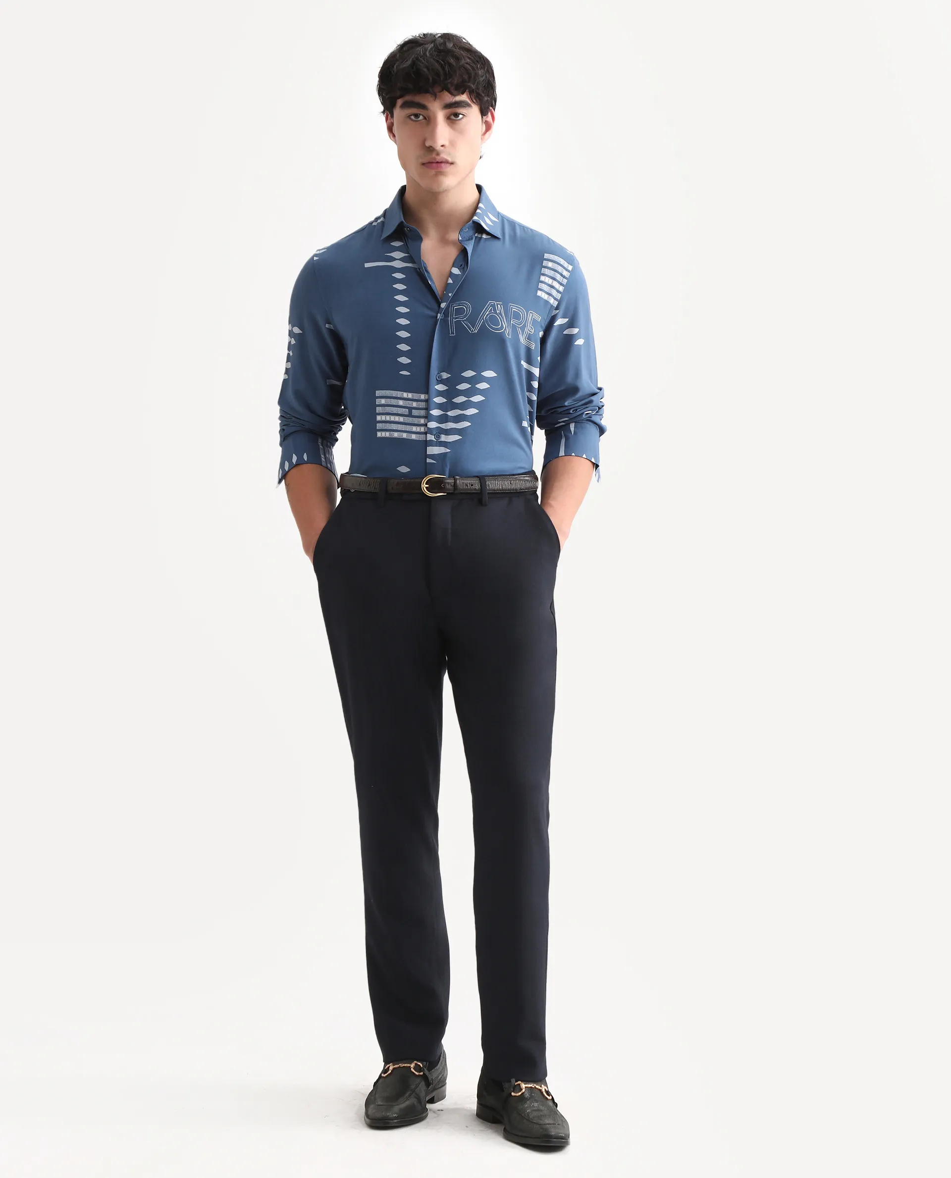 Rare Rabbit Men's Gigano-Ls Dusky Blue Tencel Blend Digital Print Regular Fit Full Sleeve Collared Shirt - Image 2