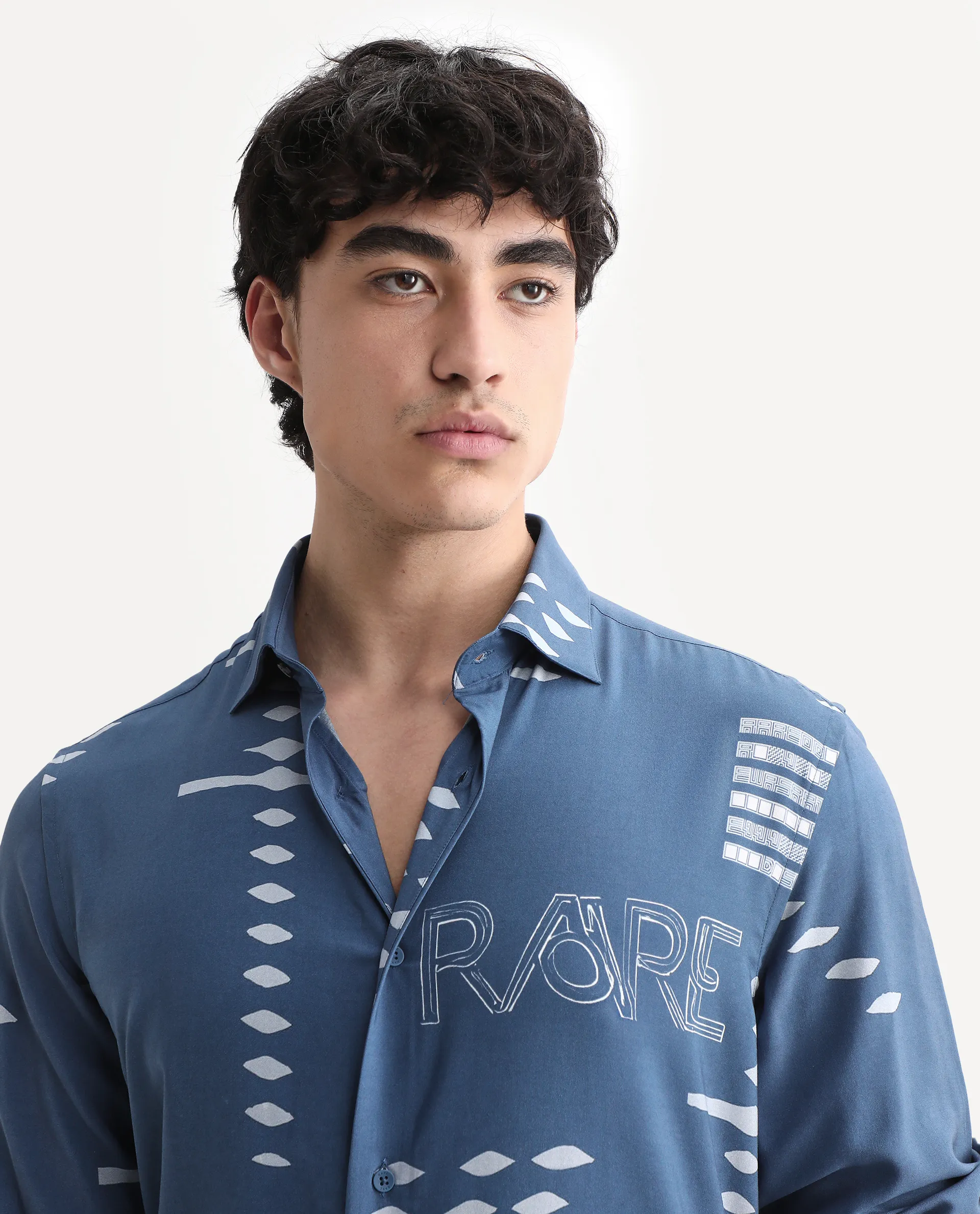 Rare Rabbit Men's Gigano-Ls Dusky Blue Tencel Blend Digital Print Regular Fit Full Sleeve Collared Shirt - Image 3