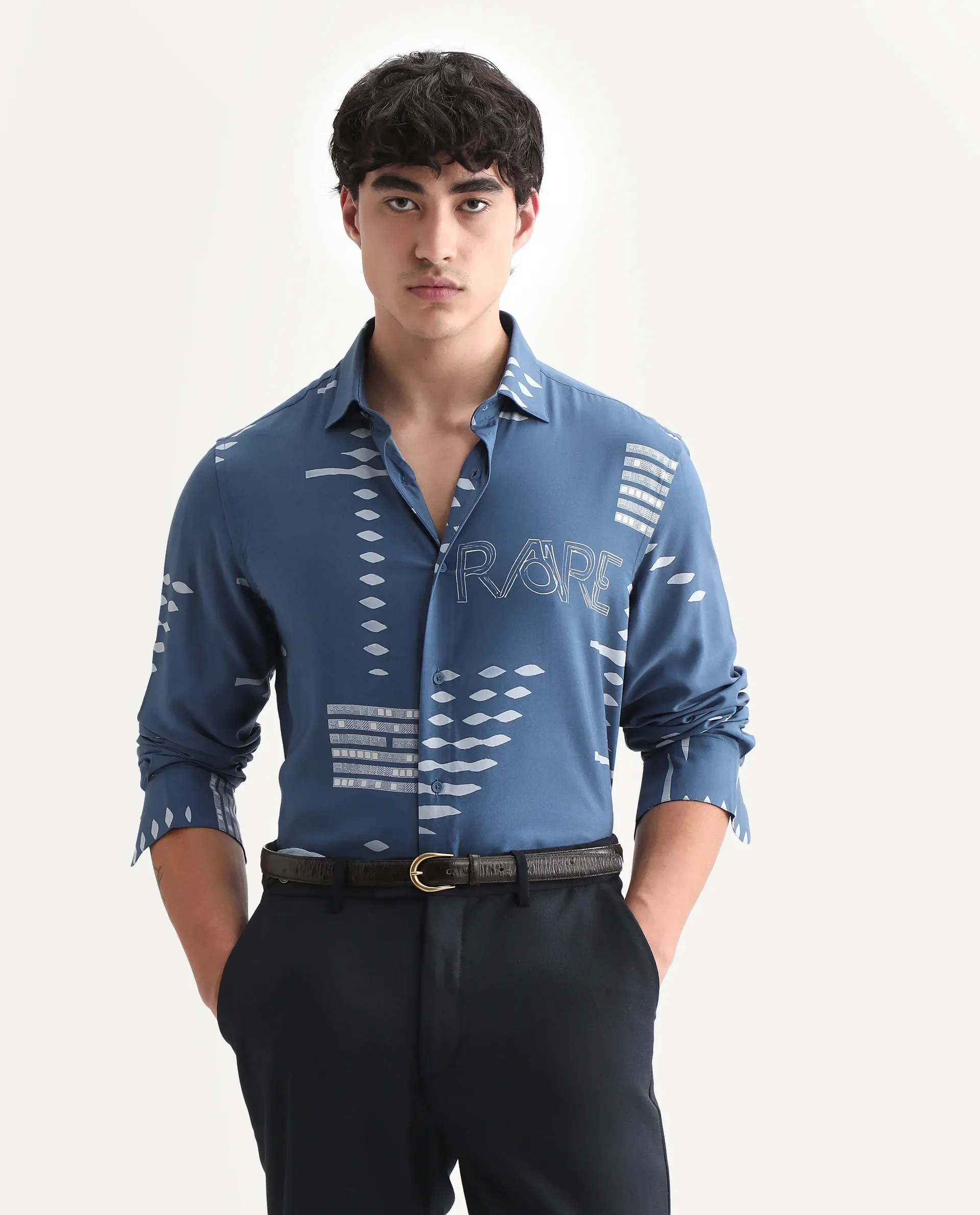 Rare Rabbit Men's Gigano-Ls Dusky Blue Tencel Blend Digital Print Regular Fit Full Sleeve Collared Shirt - Image 4