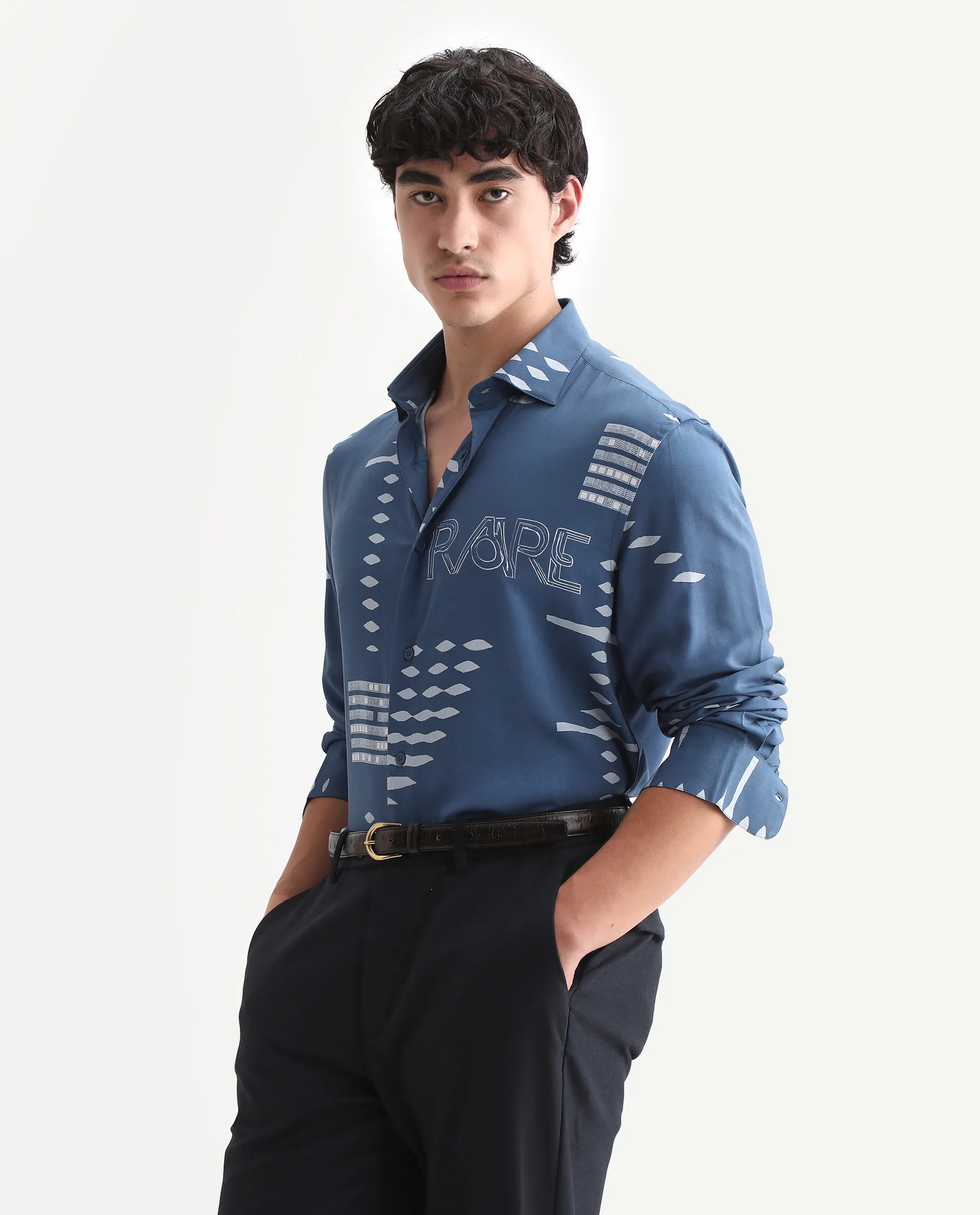 Rare Rabbit Men's Gigano-Ls Dusky Blue Tencel Blend Digital Print Regular Fit Full Sleeve Collared Shirt - Image 5