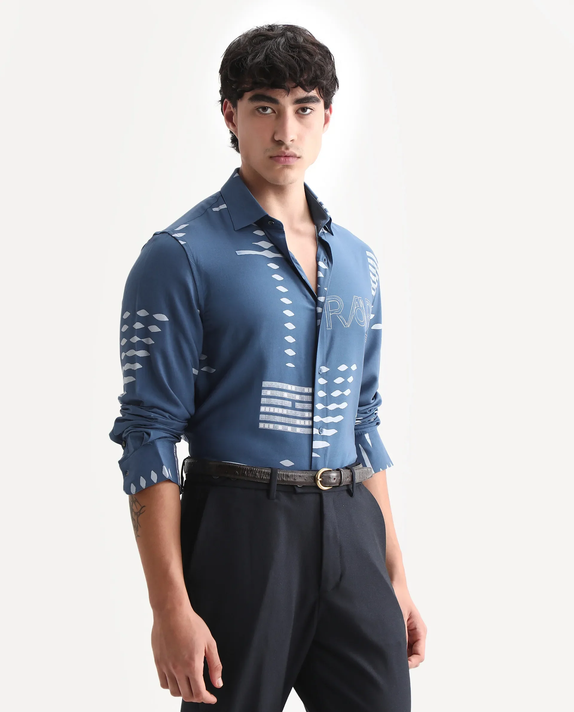 Rare Rabbit Men's Gigano-Ls Dusky Blue Tencel Blend Digital Print Regular Fit Full Sleeve Collared Shirt - Image 6
