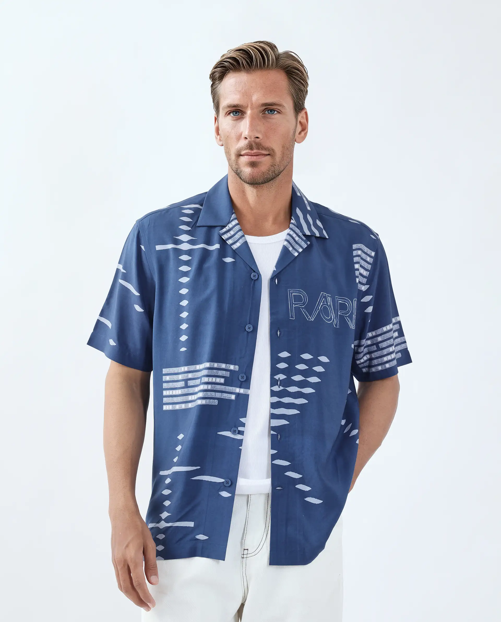 Rare Rabbit Men's Gigano-Ss Dusky Blue Tencel Blend Digital Print Regular Fit Half Sleeve Collared Shirt - Image 2