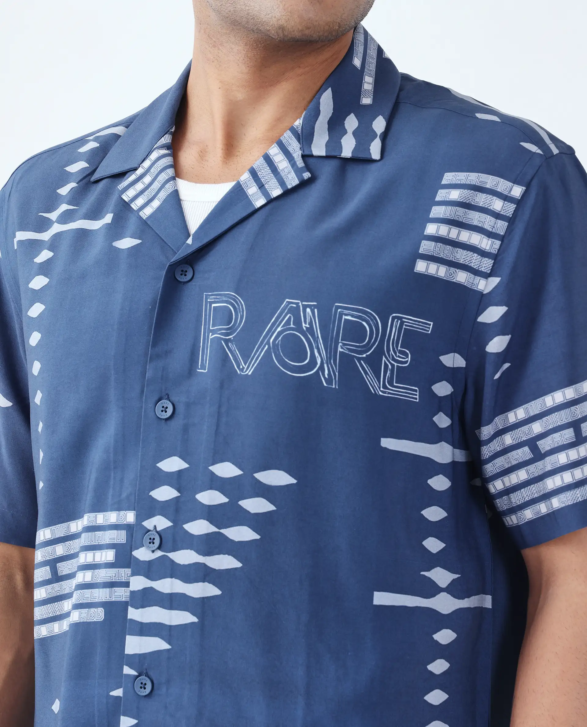 Rare Rabbit Men's Gigano-Ss Dusky Blue Tencel Blend Digital Print Regular Fit Half Sleeve Collared Shirt - Image 3