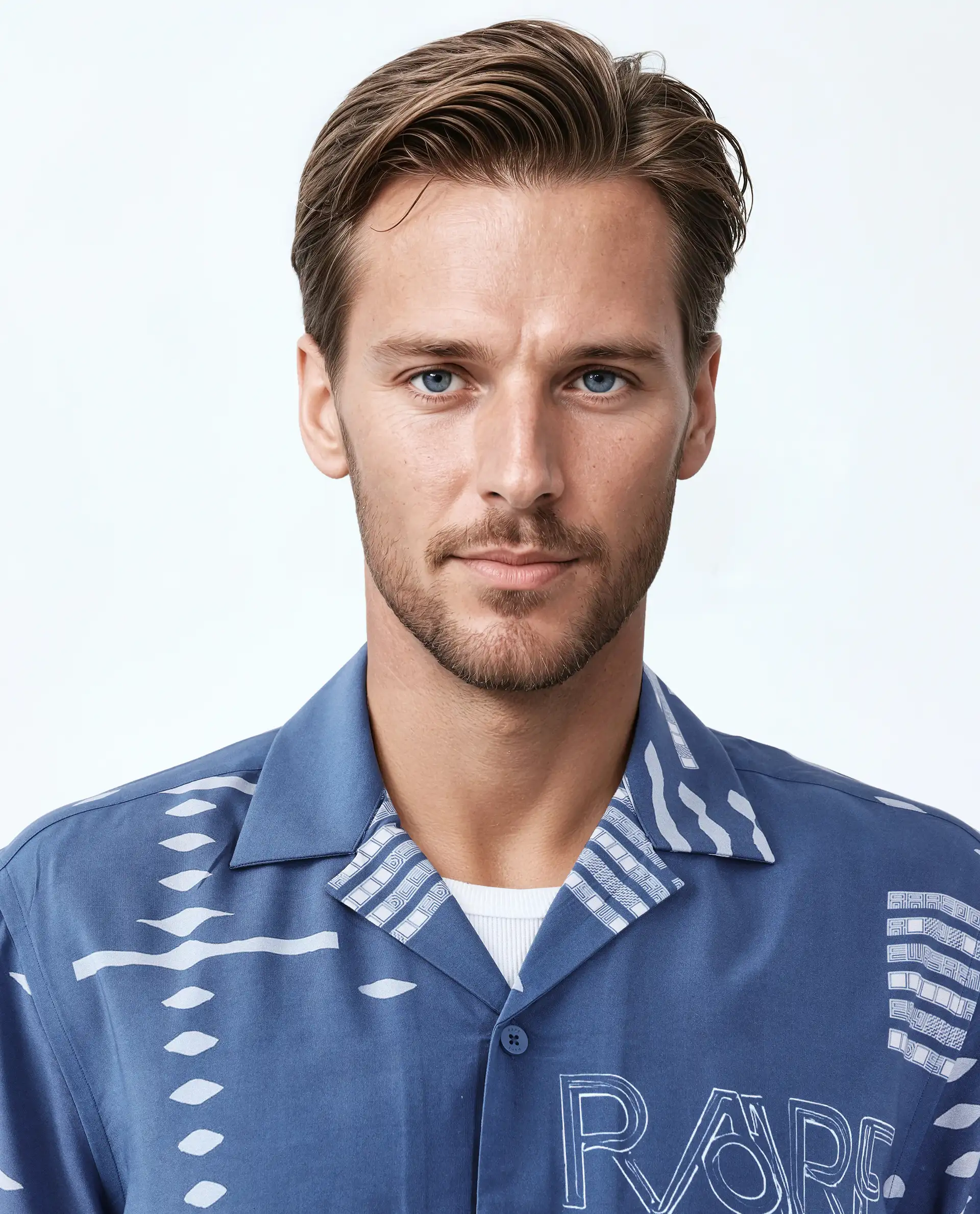 Rare Rabbit Men's Gigano-Ss Dusky Blue Tencel Blend Digital Print Regular Fit Half Sleeve Collared Shirt - Image 4