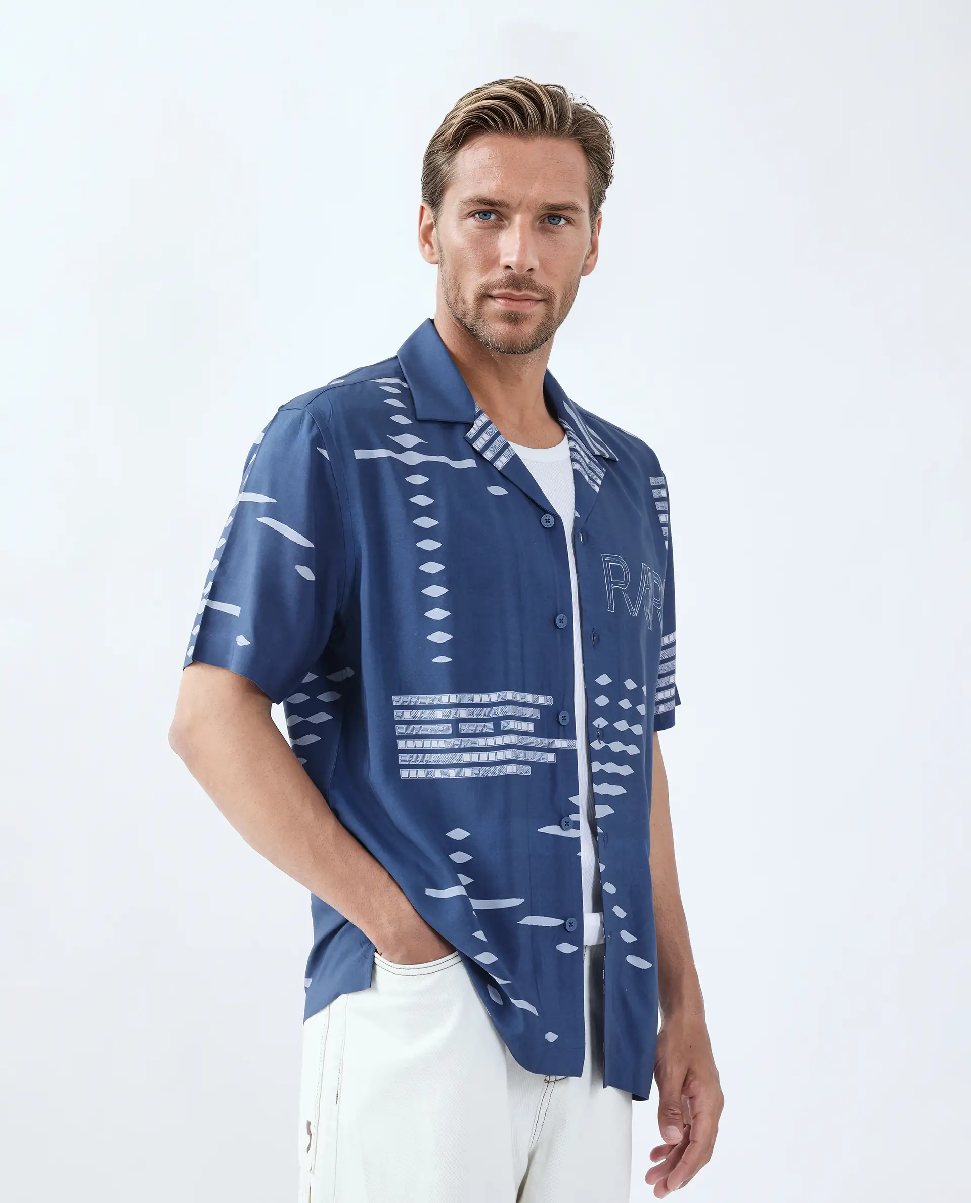 Rare Rabbit Men's Gigano-Ss Dusky Blue Tencel Blend Digital Print Regular Fit Half Sleeve Collared Shirt - Image 6