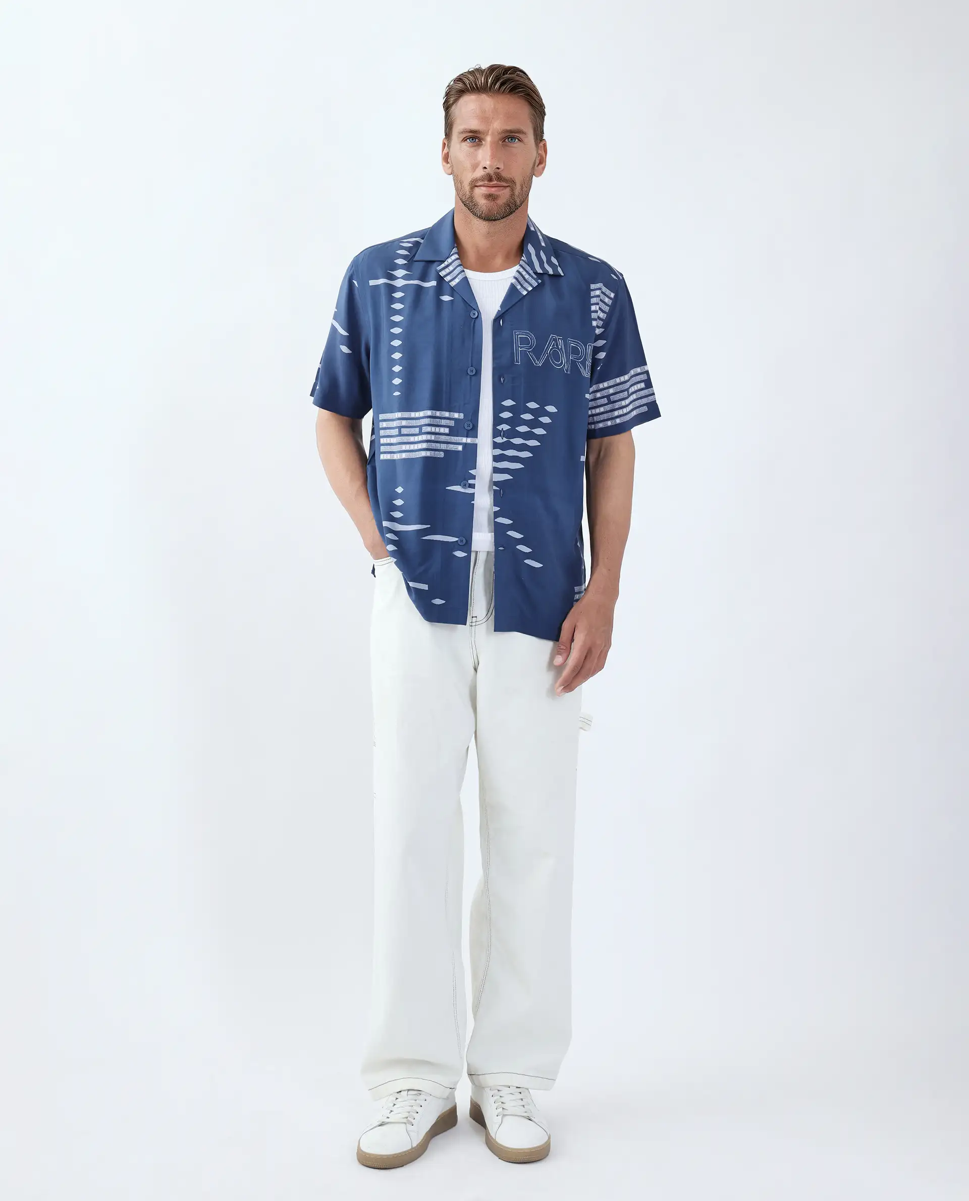 Rare Rabbit Men's Gigano-Ss Dusky Blue Tencel Blend Digital Print Regular Fit Half Sleeve Collared Shirt - Image 7