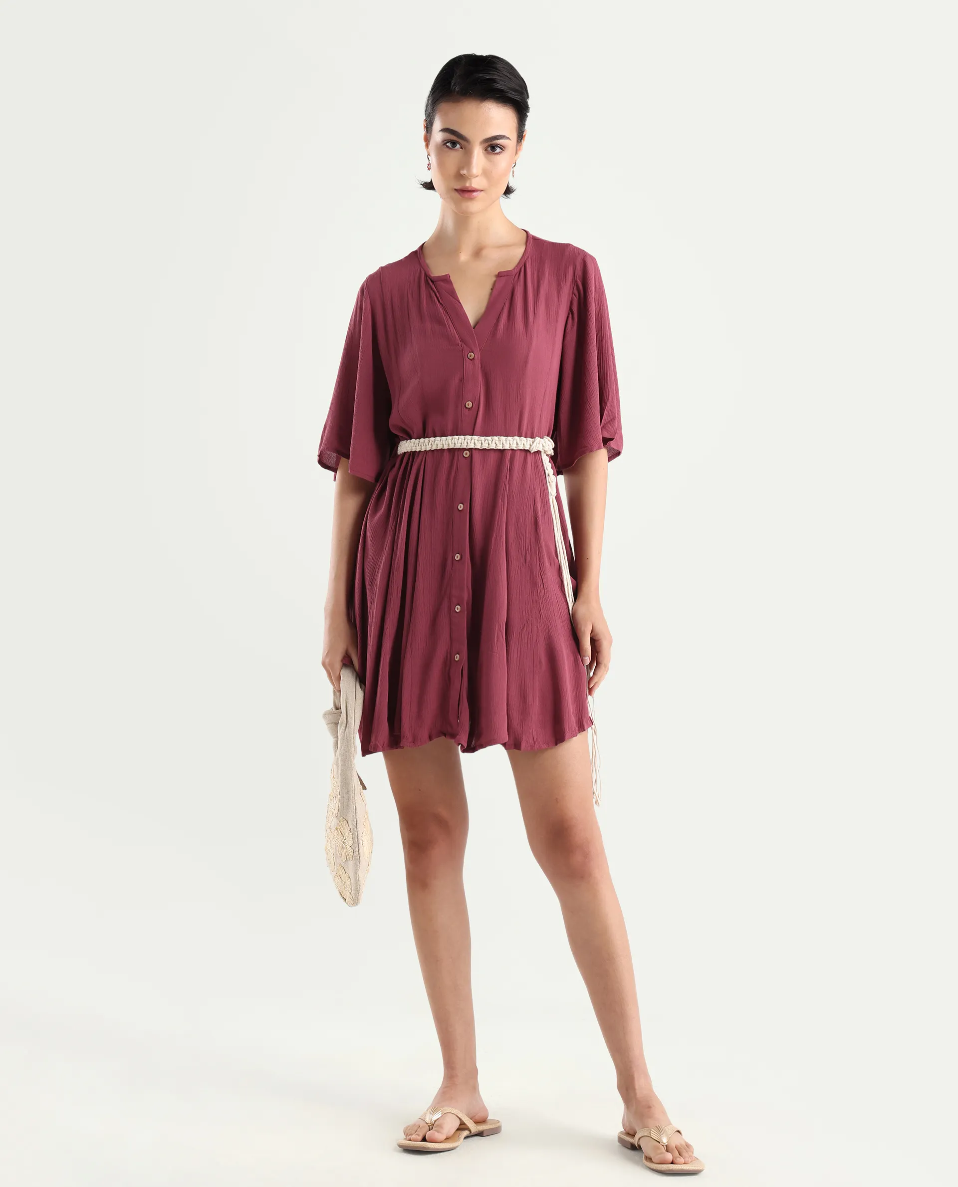 Rareism Women's Gildmore Maroon Rayon V-Neck Plain Flared Sleeve Mini Flared Dress - Image 2