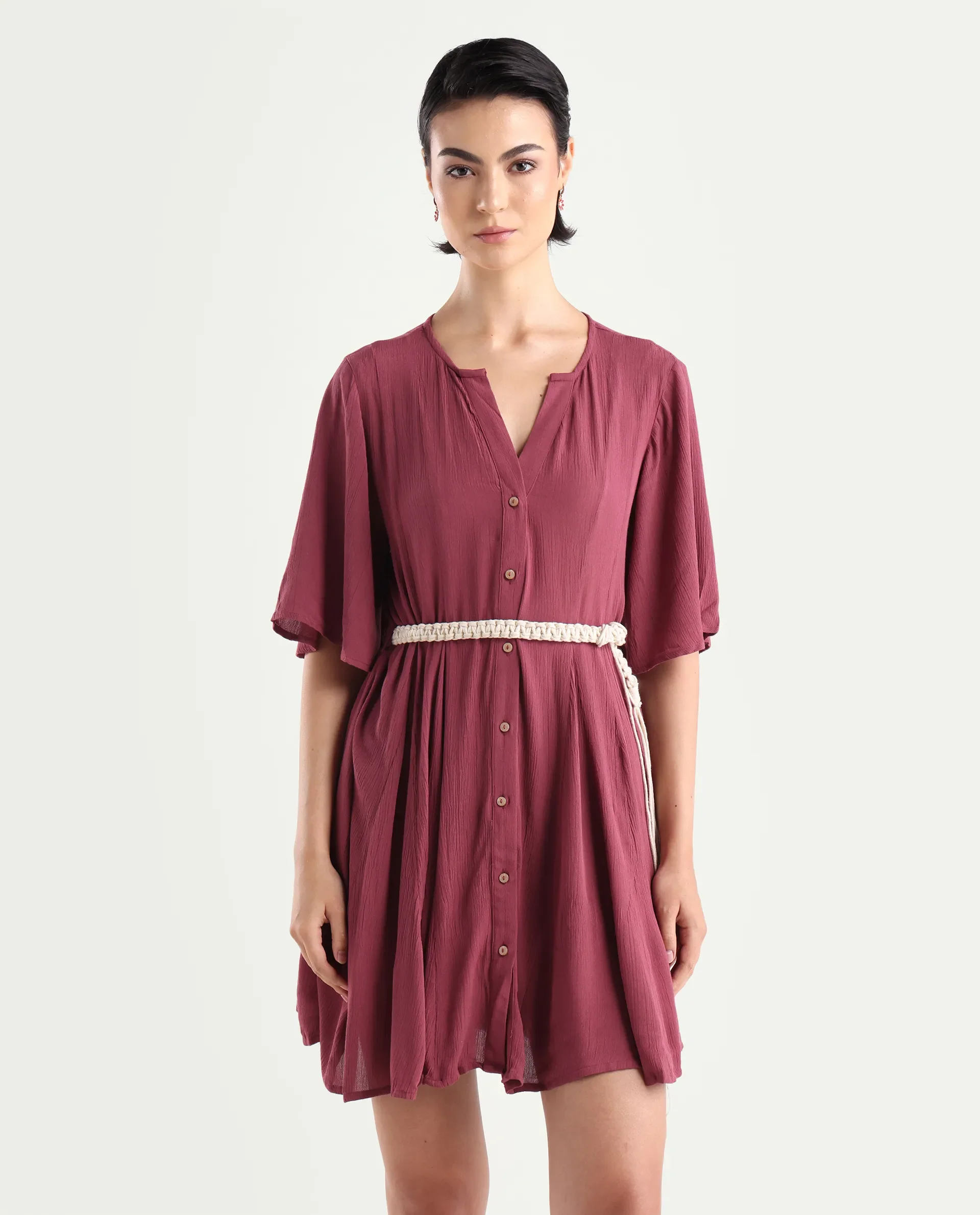 Rareism Women's Gildmore Maroon Rayon V-Neck Plain Flared Sleeve Mini Flared Dress - Image 3