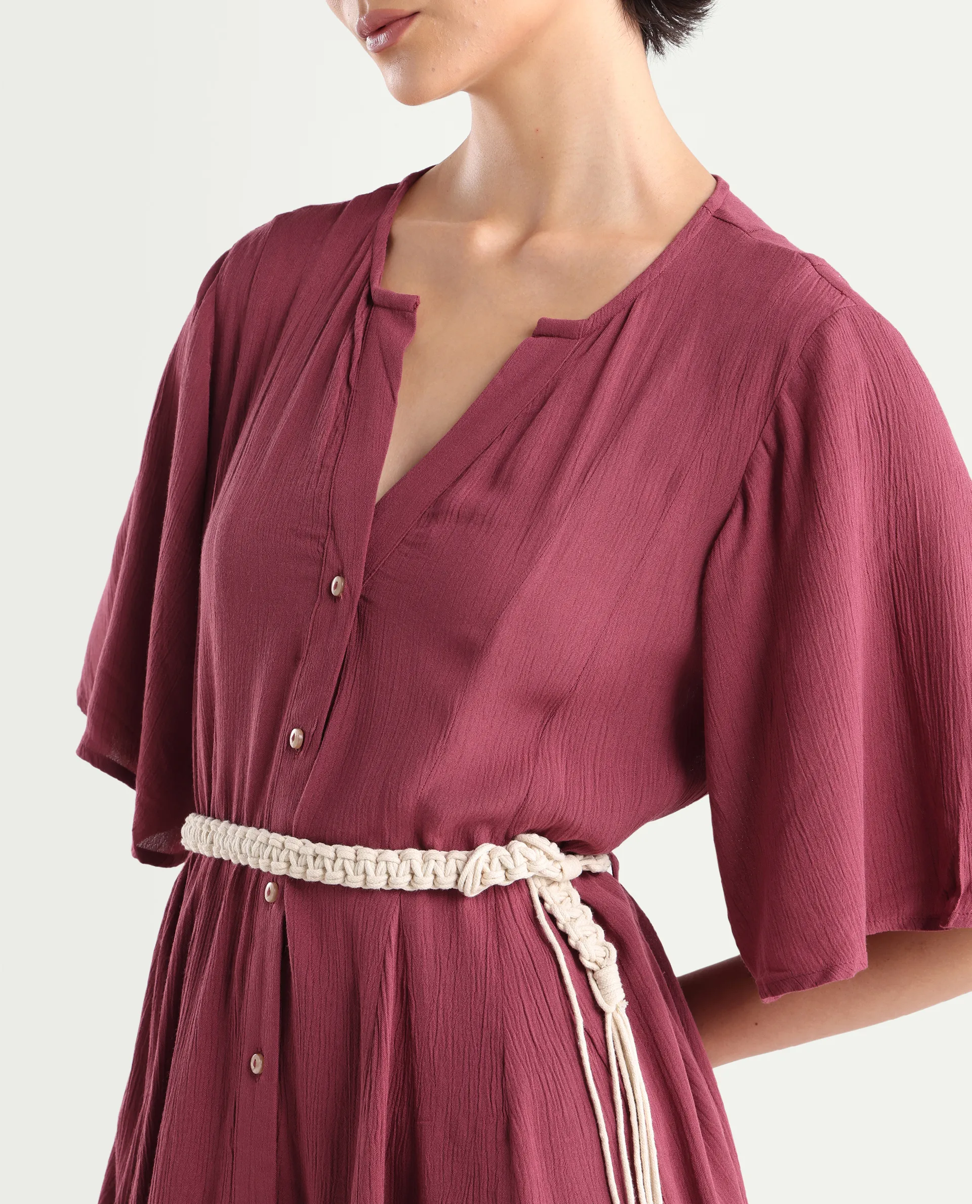 Rareism Women's Gildmore Maroon Rayon V-Neck Plain Flared Sleeve Mini Flared Dress - Image 4