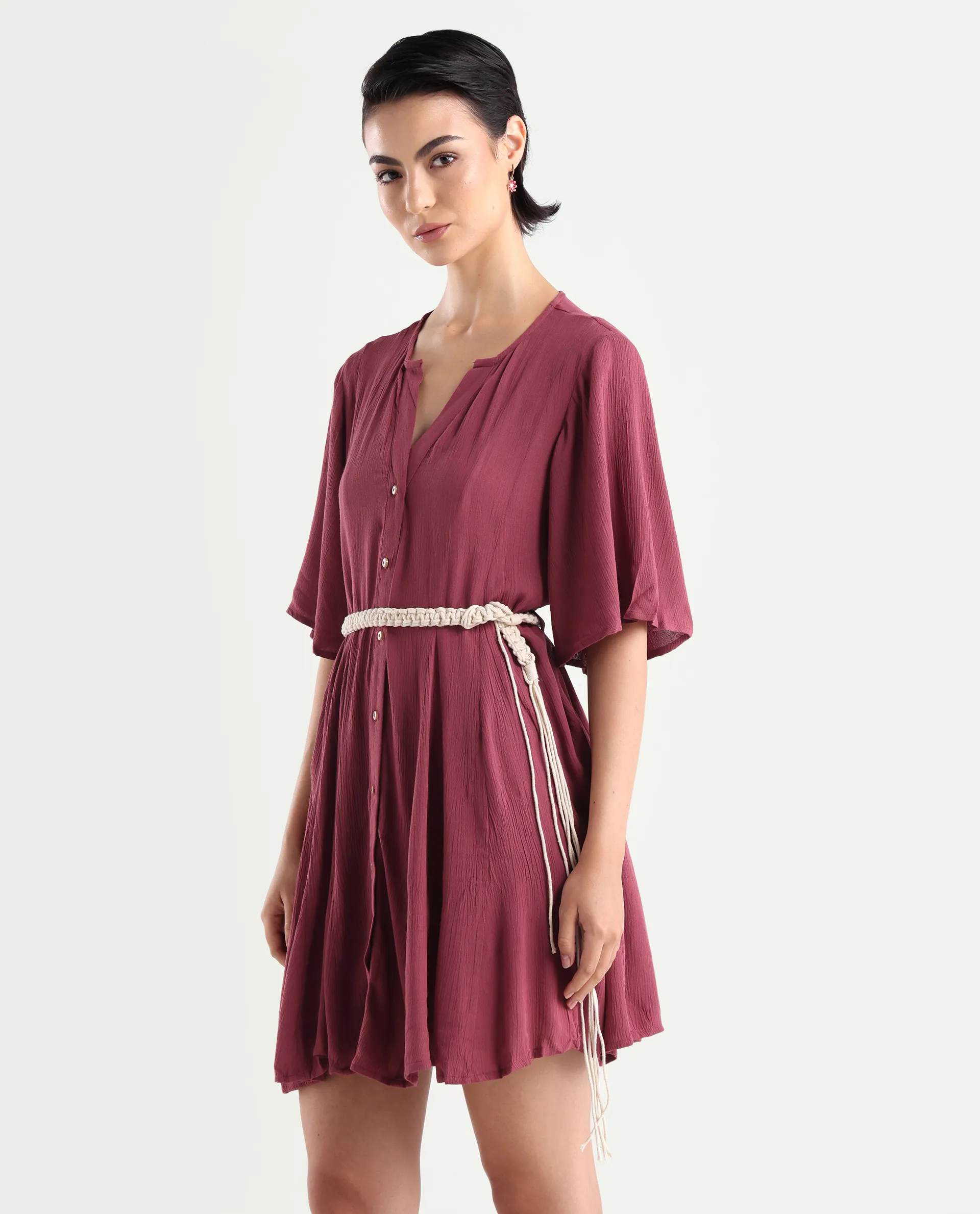 Rareism Women's Gildmore Maroon Rayon V-Neck Plain Flared Sleeve Mini Flared Dress - Image 5