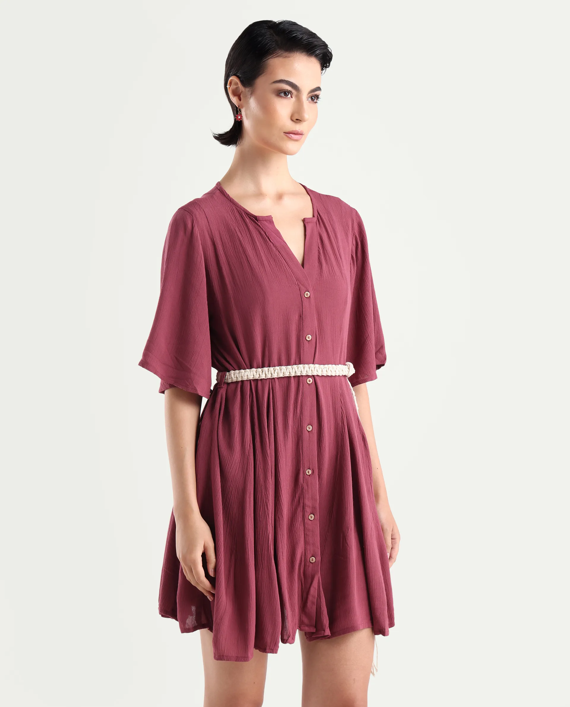 Rareism Women's Gildmore Maroon Rayon V-Neck Plain Flared Sleeve Mini Flared Dress - Image 6