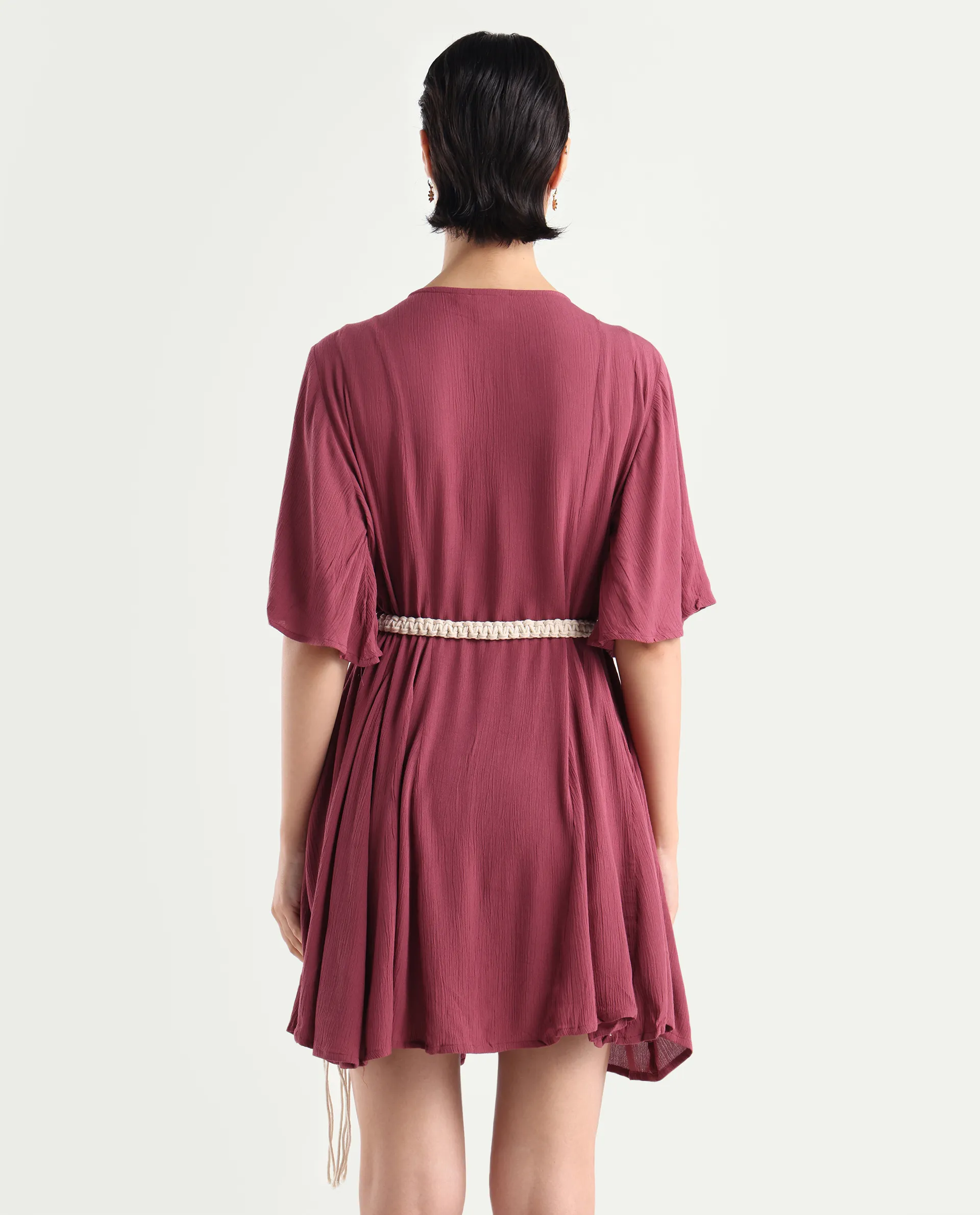 Rareism Women's Gildmore Maroon Rayon V-Neck Plain Flared Sleeve Mini Flared Dress - Image 7