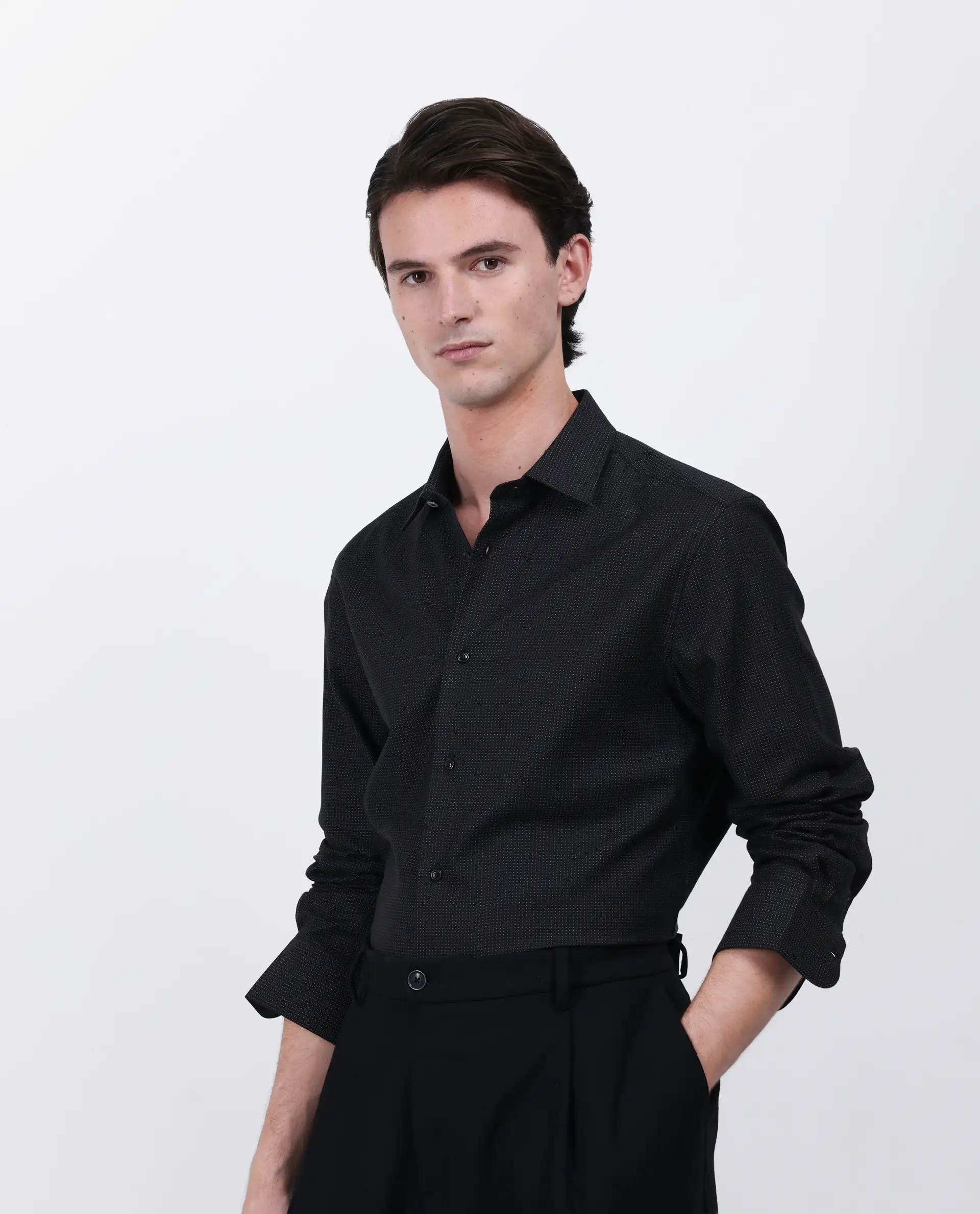Rare Rabbit Men's Gilk Black Viscose Blend Polka Print Regular Fit Full Sleeve Collared Shirt - Image 6