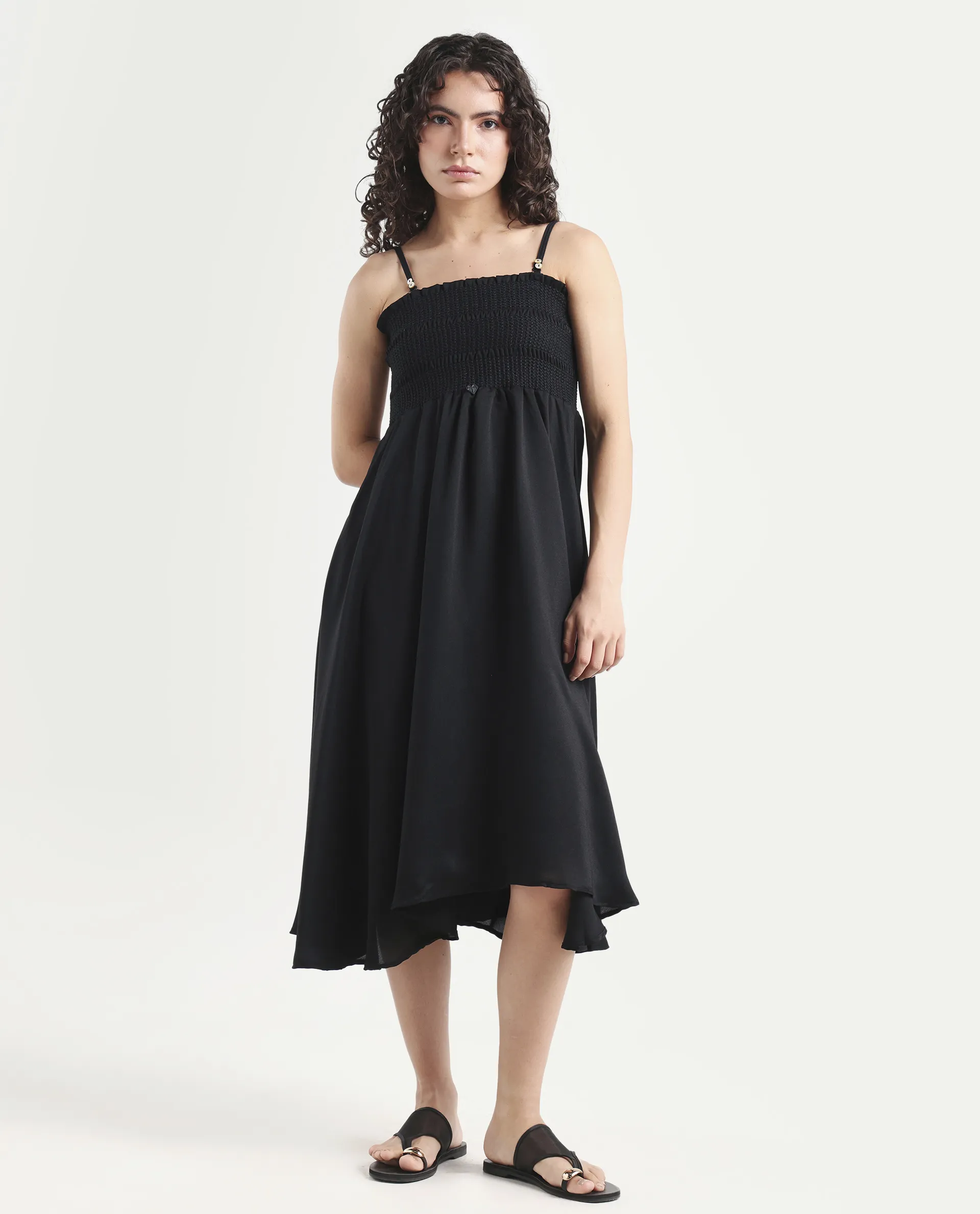Rareism Women's Gimpel Black Viscose Blend Collarless Plain Shoulder Strap Maxi Fit And Flare Dress - Image 2