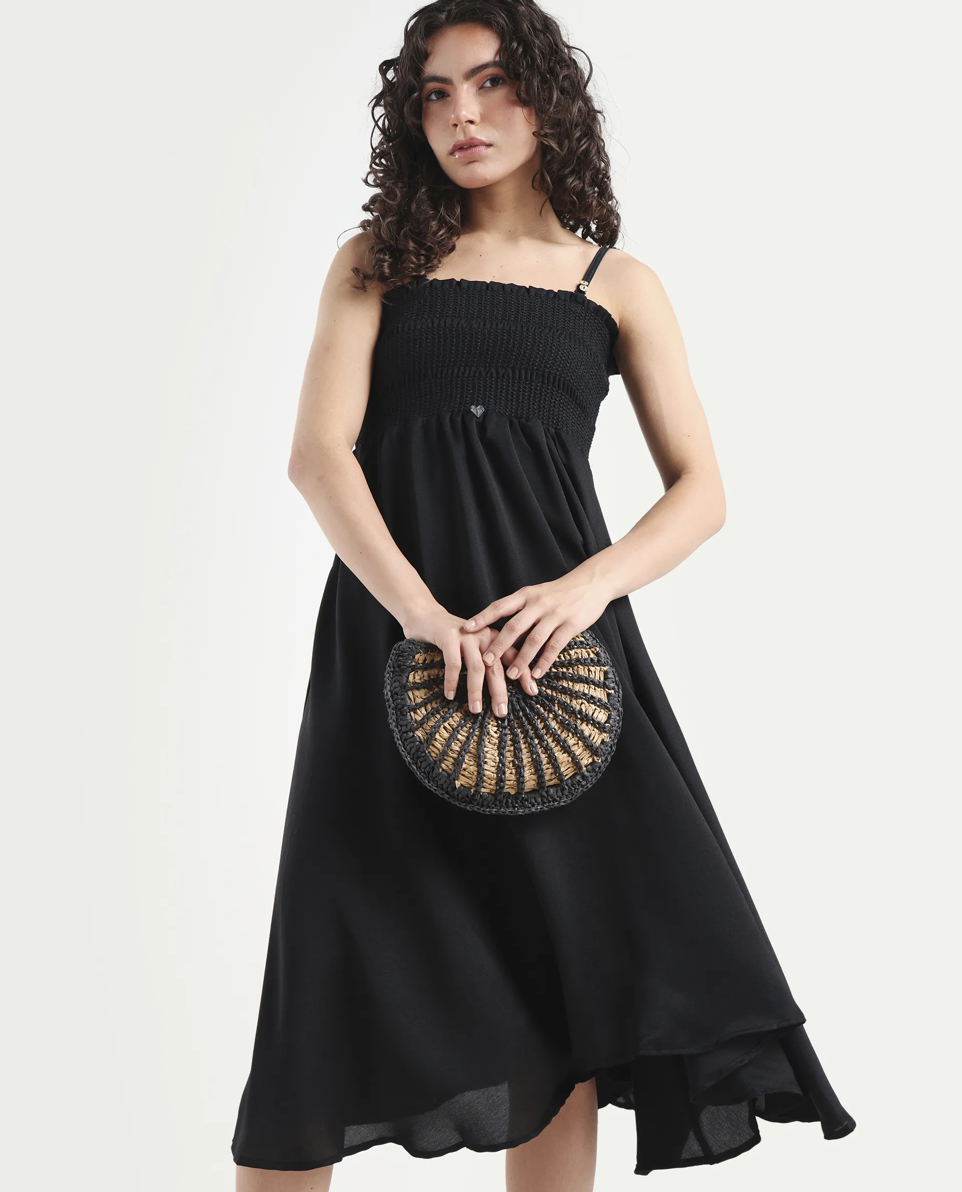 Rareism Women's Gimpel Black Viscose Blend Collarless Plain Shoulder Strap Maxi Fit And Flare Dress - Image 3