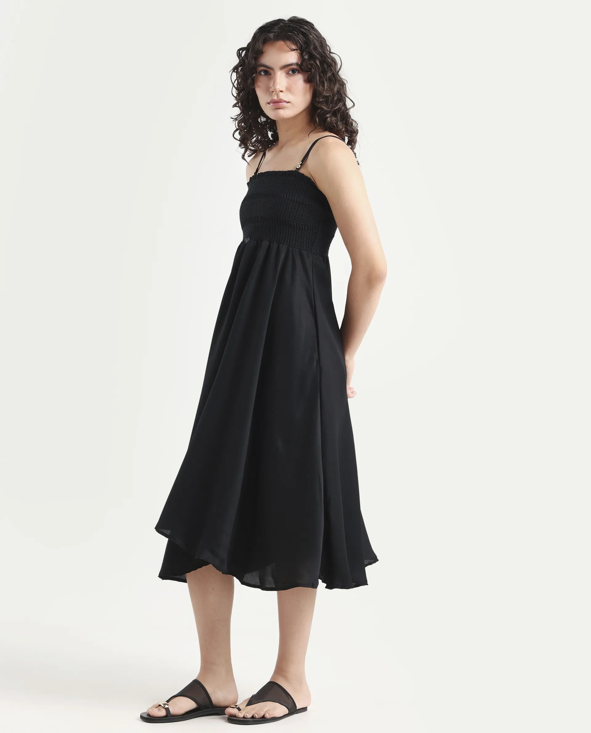 Rareism Women's Gimpel Black Viscose Blend Collarless Plain Shoulder Strap Maxi Fit And Flare Dress - Image 5