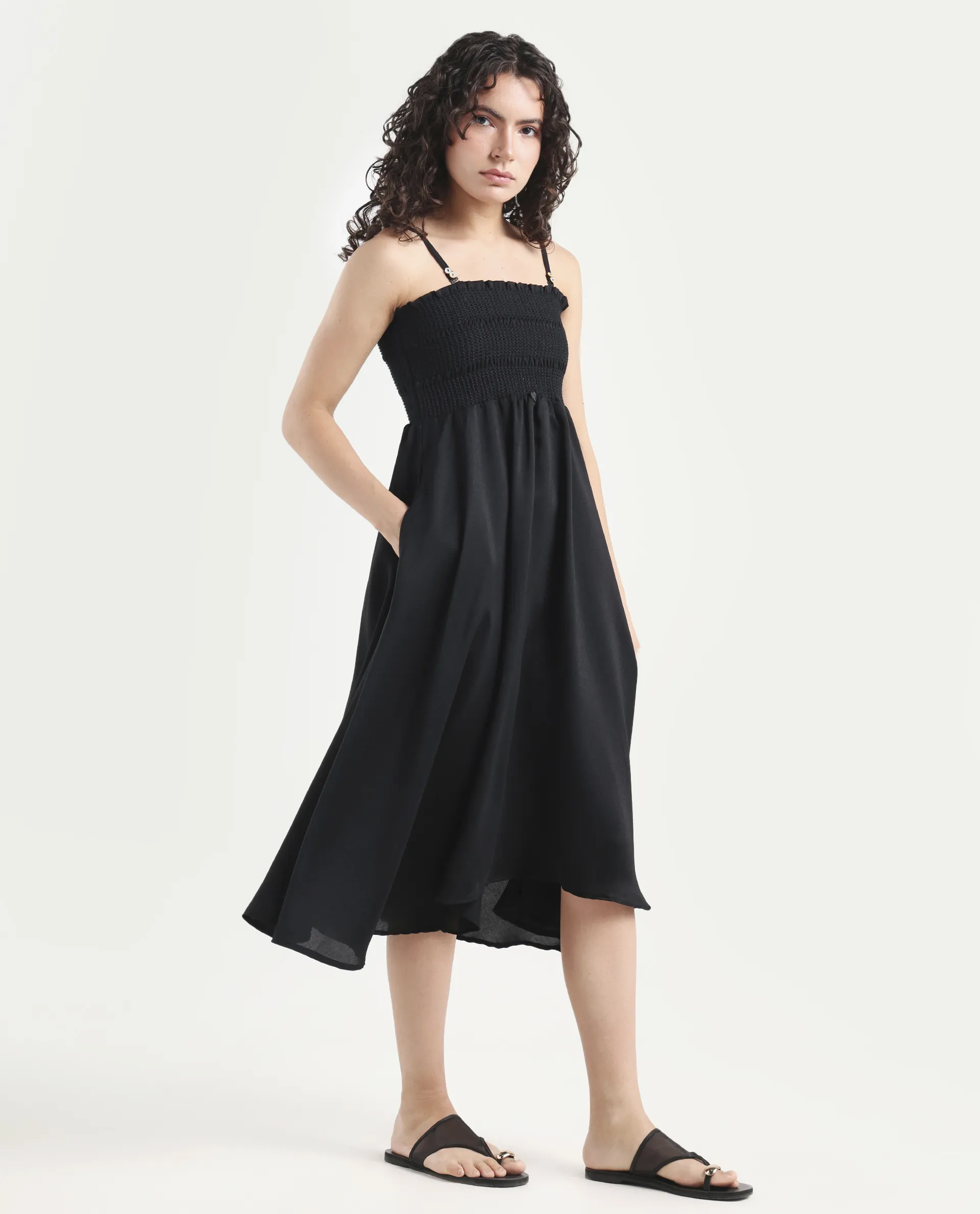 Rareism Women's Gimpel Black Viscose Blend Collarless Plain Shoulder Strap Maxi Fit And Flare Dress - Image 6
