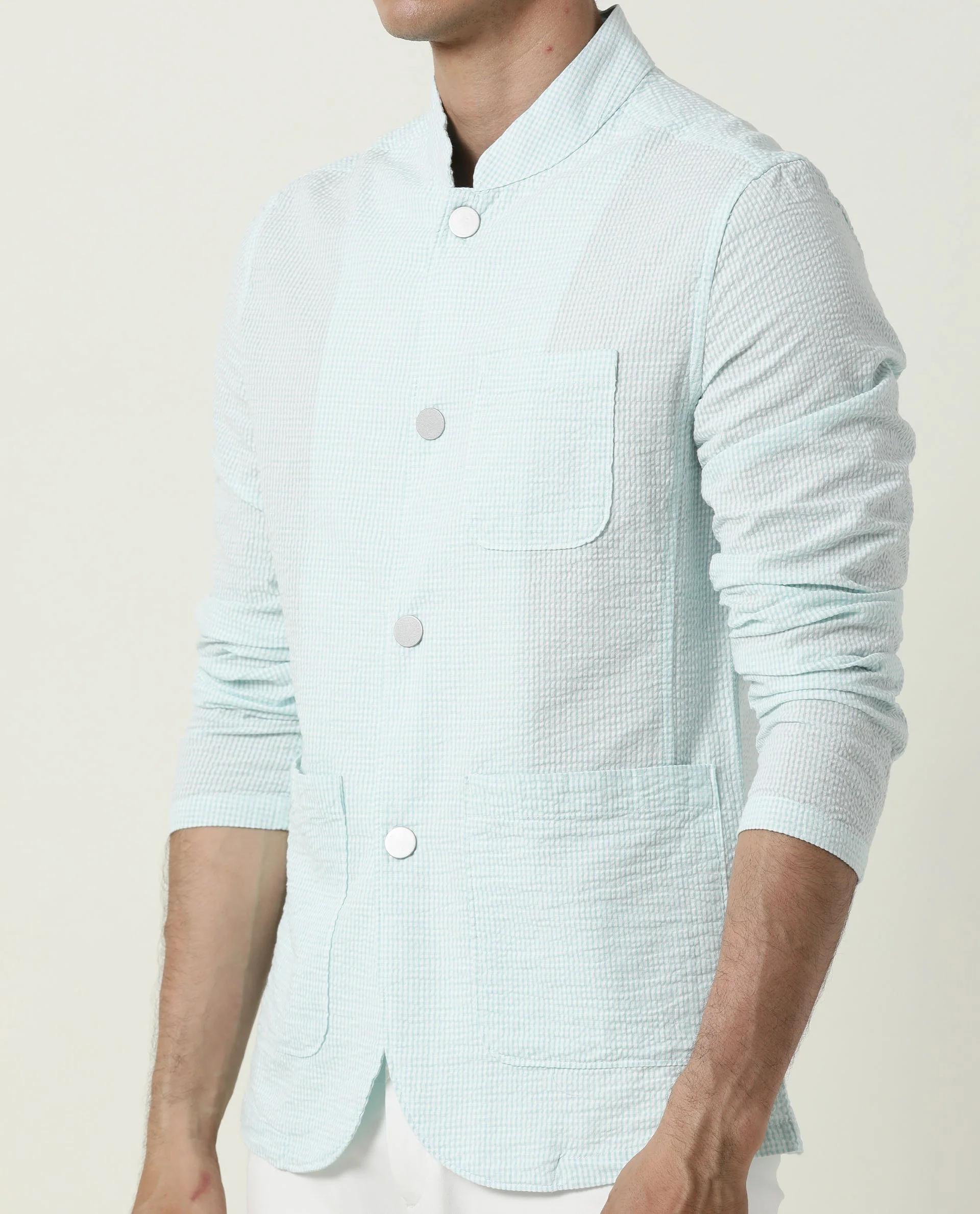 Rare Rabbit Men's Gin Blue Cotton Checked Print Regular Fit Full Sleeve Mandarin Collar Jacket - Image 10