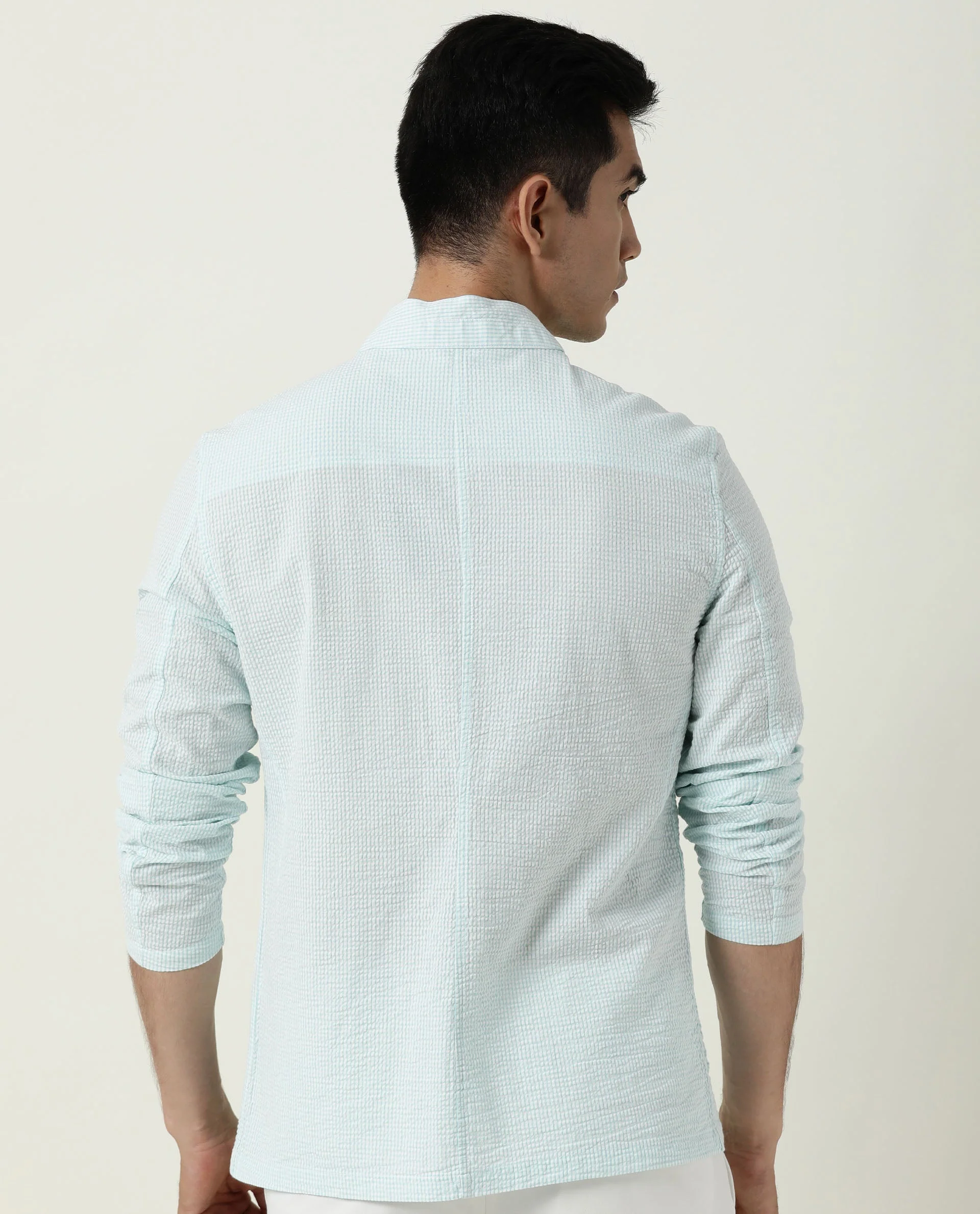 Rare Rabbit Men's Gin Blue Cotton Checked Print Regular Fit Full Sleeve Mandarin Collar Jacket - Image 11