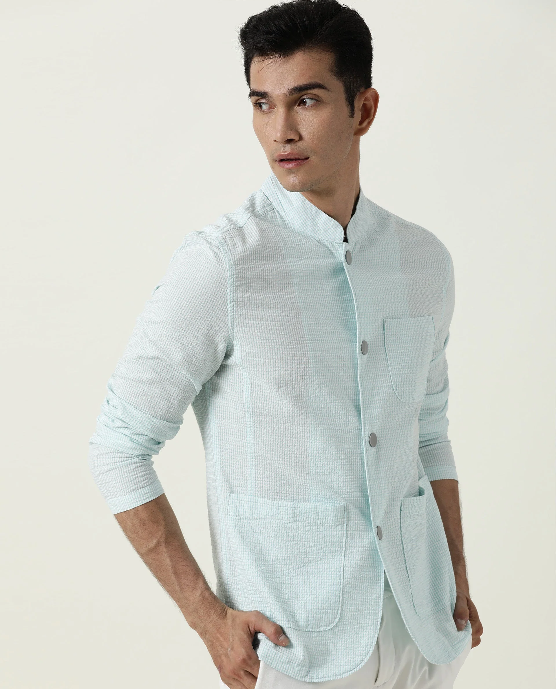 Rare Rabbit Men's Gin Blue Cotton Checked Print Regular Fit Full Sleeve Mandarin Collar Jacket - Image 2