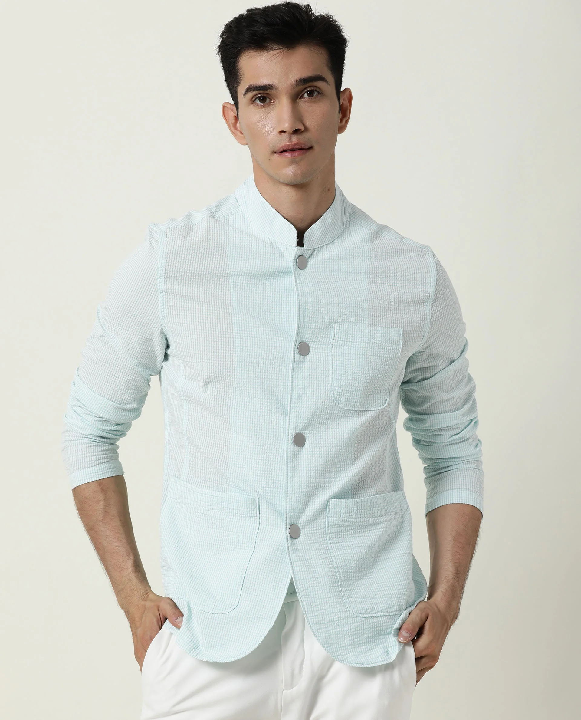 Rare Rabbit Men's Gin Blue Cotton Checked Print Regular Fit Full Sleeve Mandarin Collar Jacket - Image 3