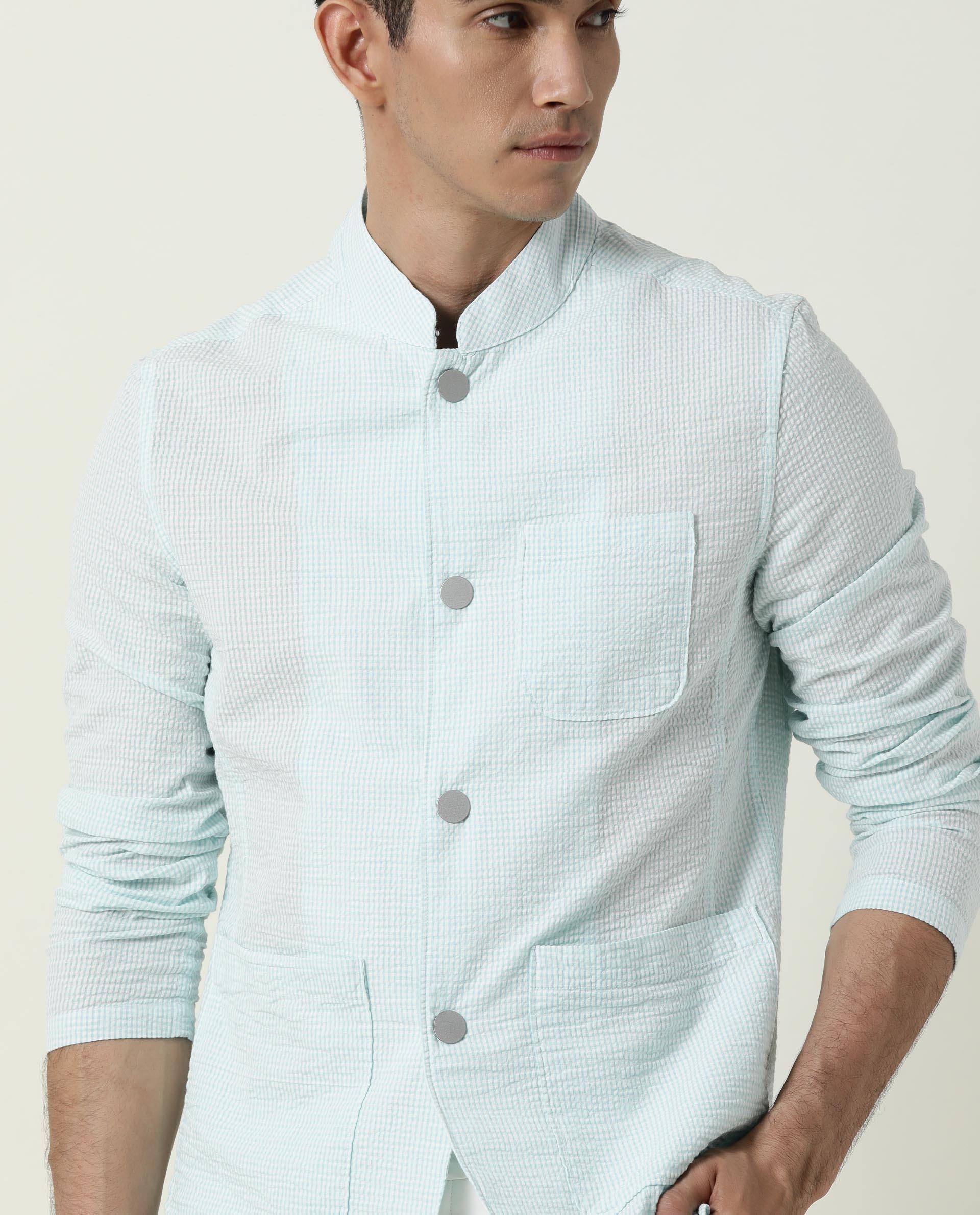 Rare Rabbit Men's Gin Blue Cotton Checked Print Regular Fit Full Sleeve Mandarin Collar Jacket - Image 4