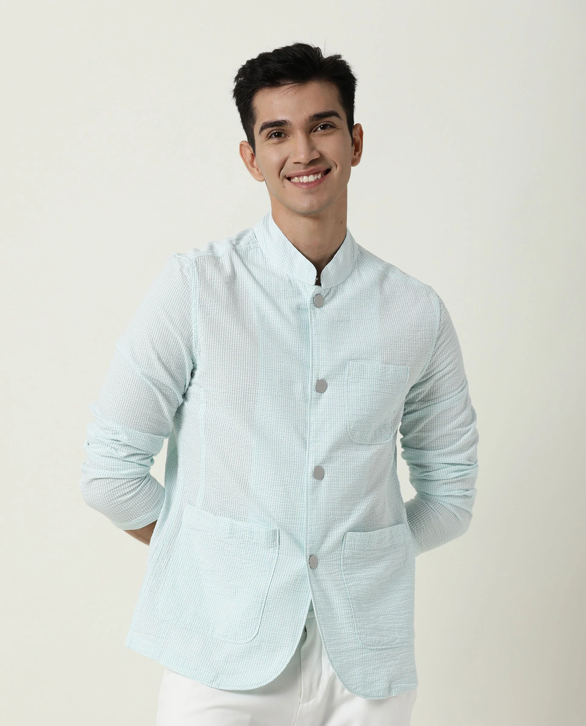 Rare Rabbit Men's Gin Blue Cotton Checked Print Regular Fit Full Sleeve Mandarin Collar Jacket - Image 5